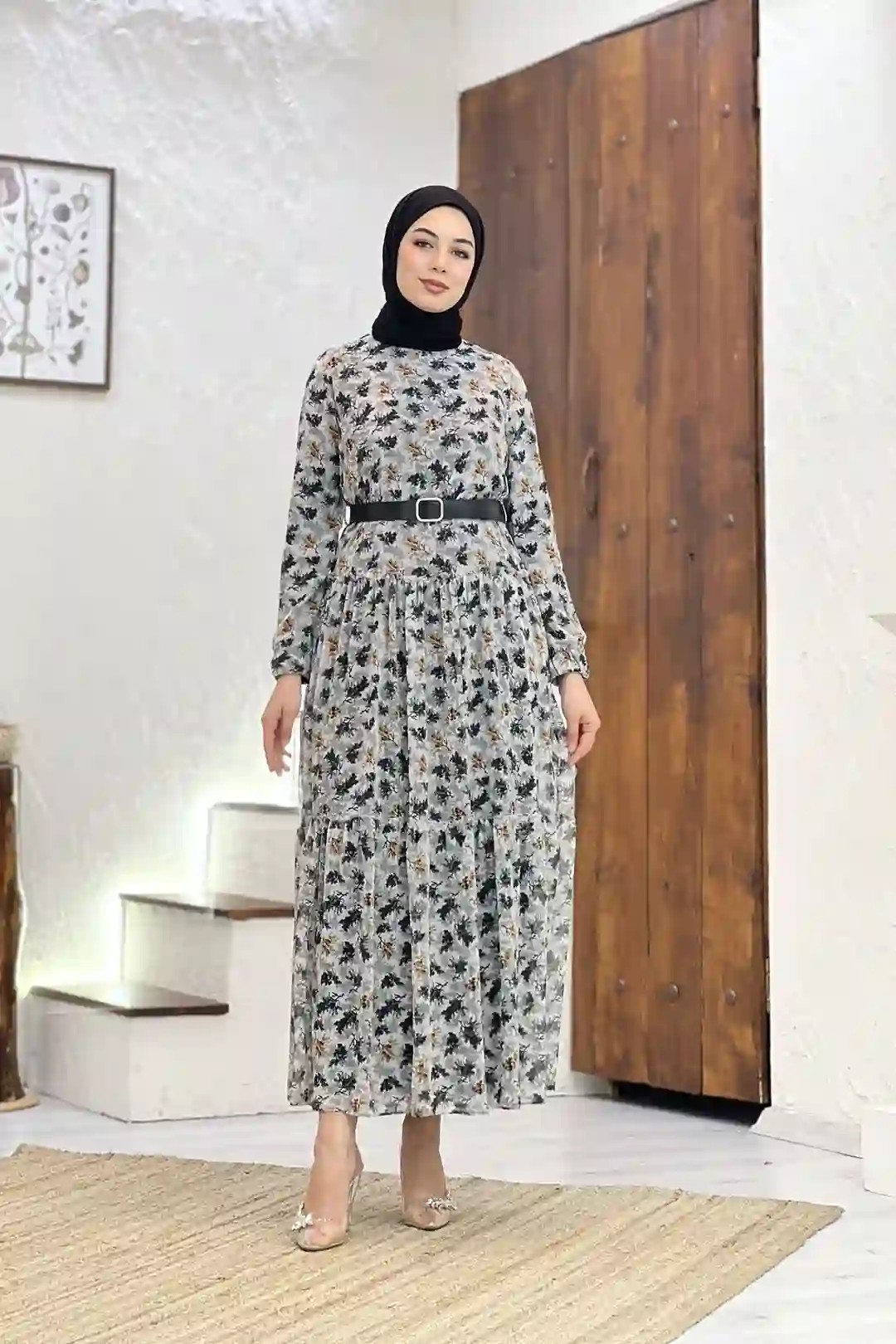 Toptan Şifon Kumaş Çiçek Desenli Kemerli Elbise