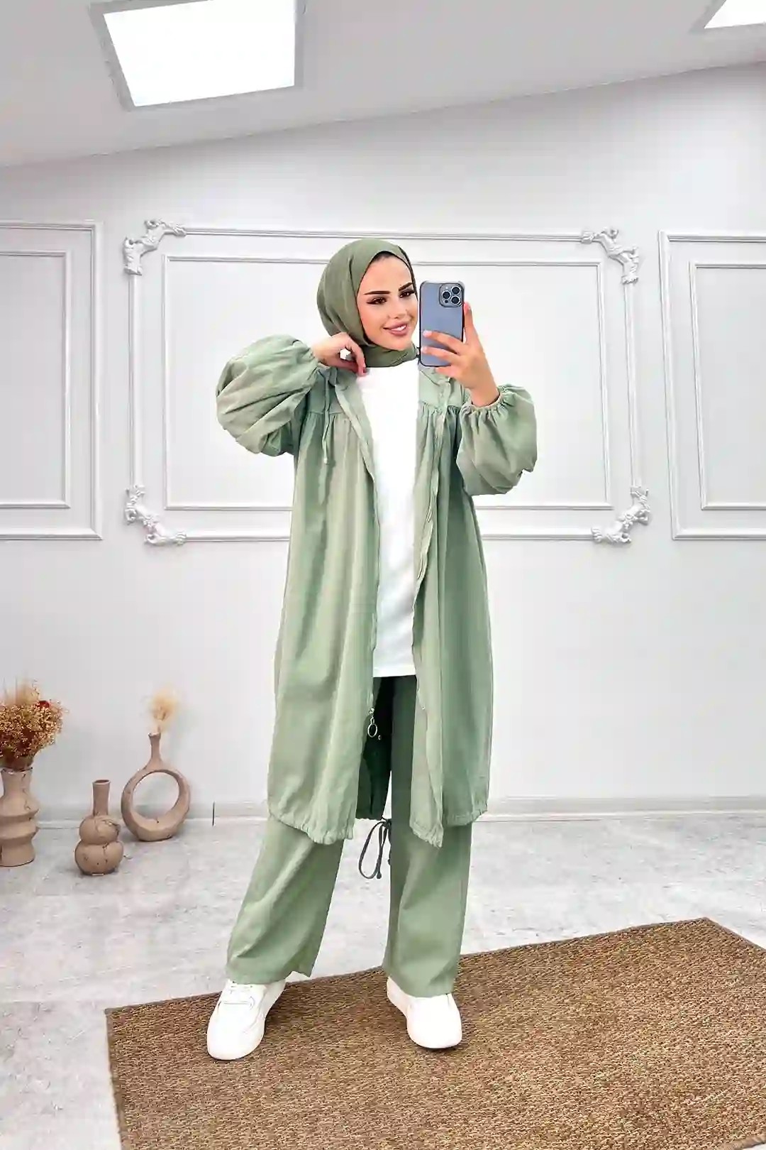 Wholesale Denim Fabric Elastic Sleeve Zippered Two Piece Set - Mint Green