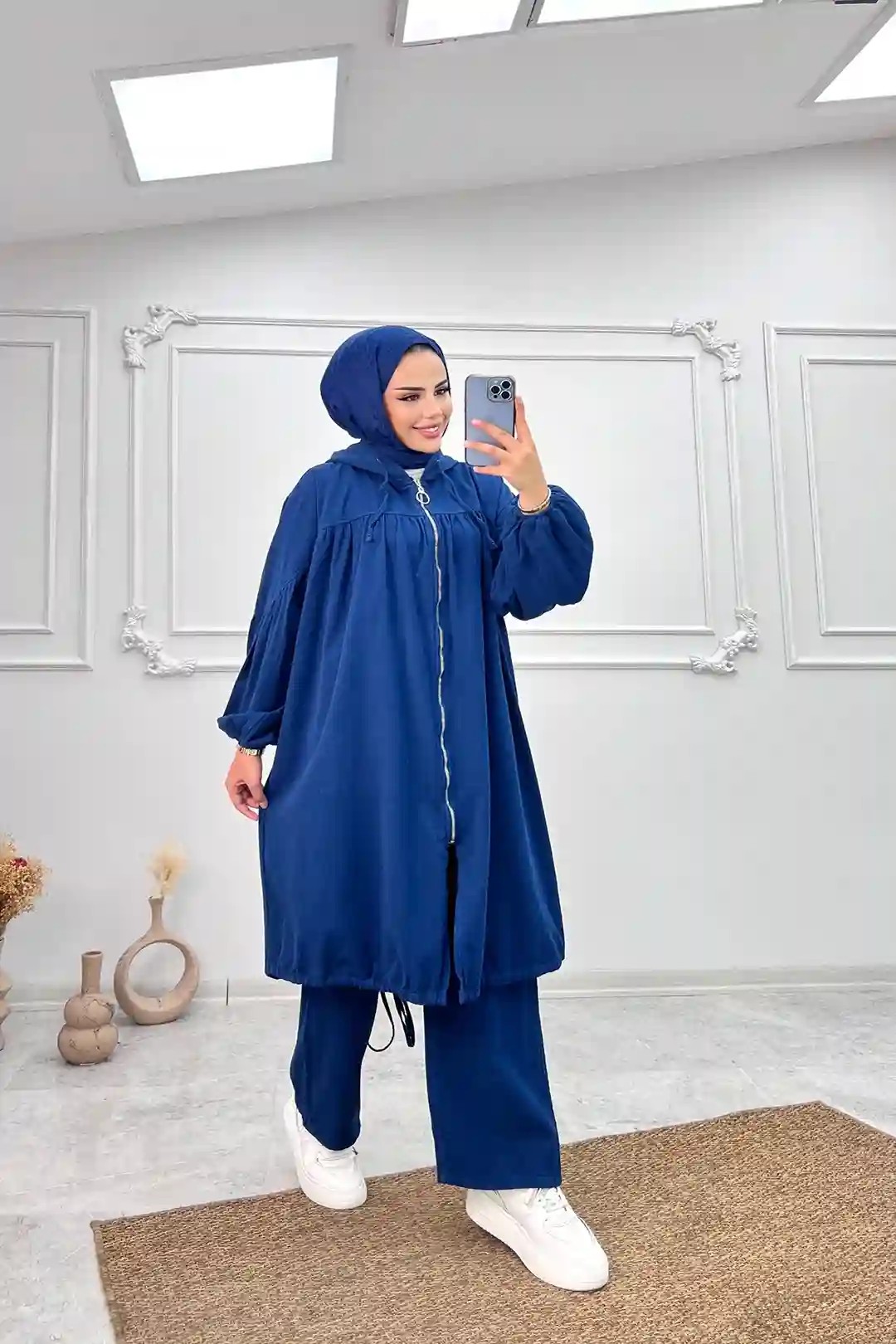 Wholesale Denim Fabric Elastic Sleeve Zippered Two Piece Set - Indigo