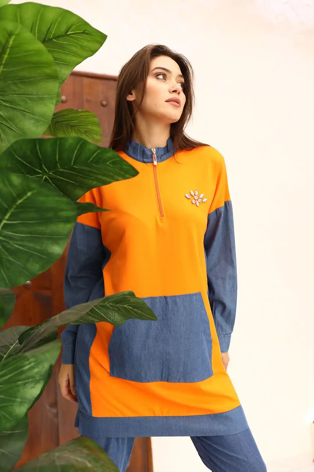 Wholesale Denim Two-Thread Fabric Stone Detailed Two-Piece Suit - Orange