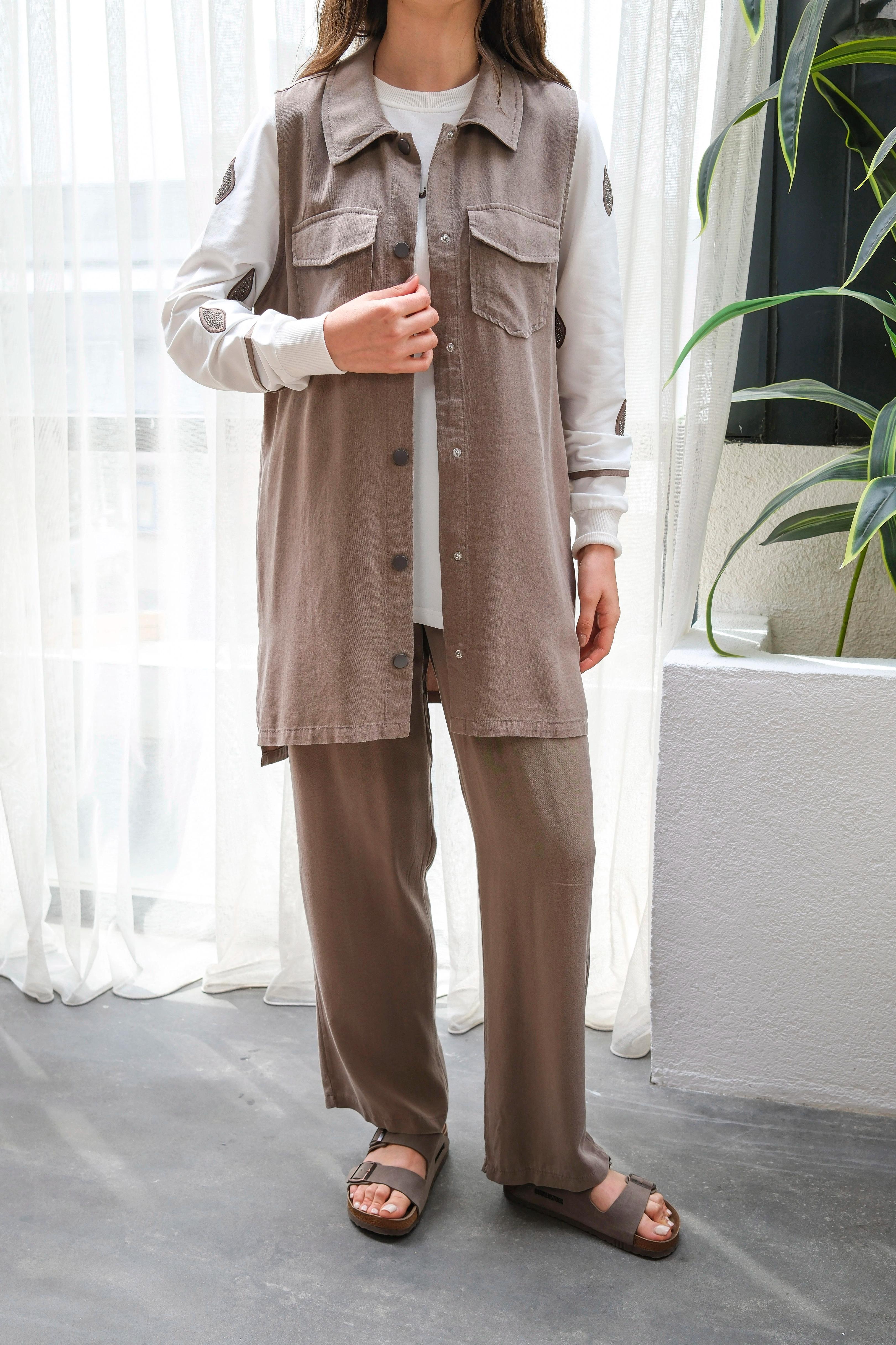Оптовая продажа туника из ткани Tencel, вышитый камнем жилет, костюм-тройка - 10643 Информация о продукте - Визон