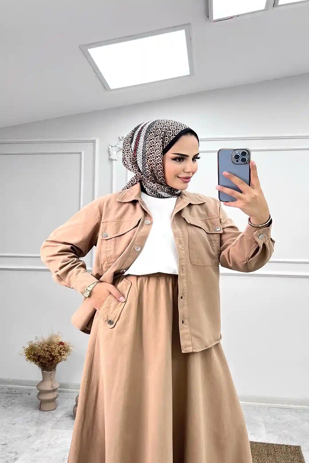 Kot Kumaş Düğmeli Ceket ve Cepli Etek Takım 8185