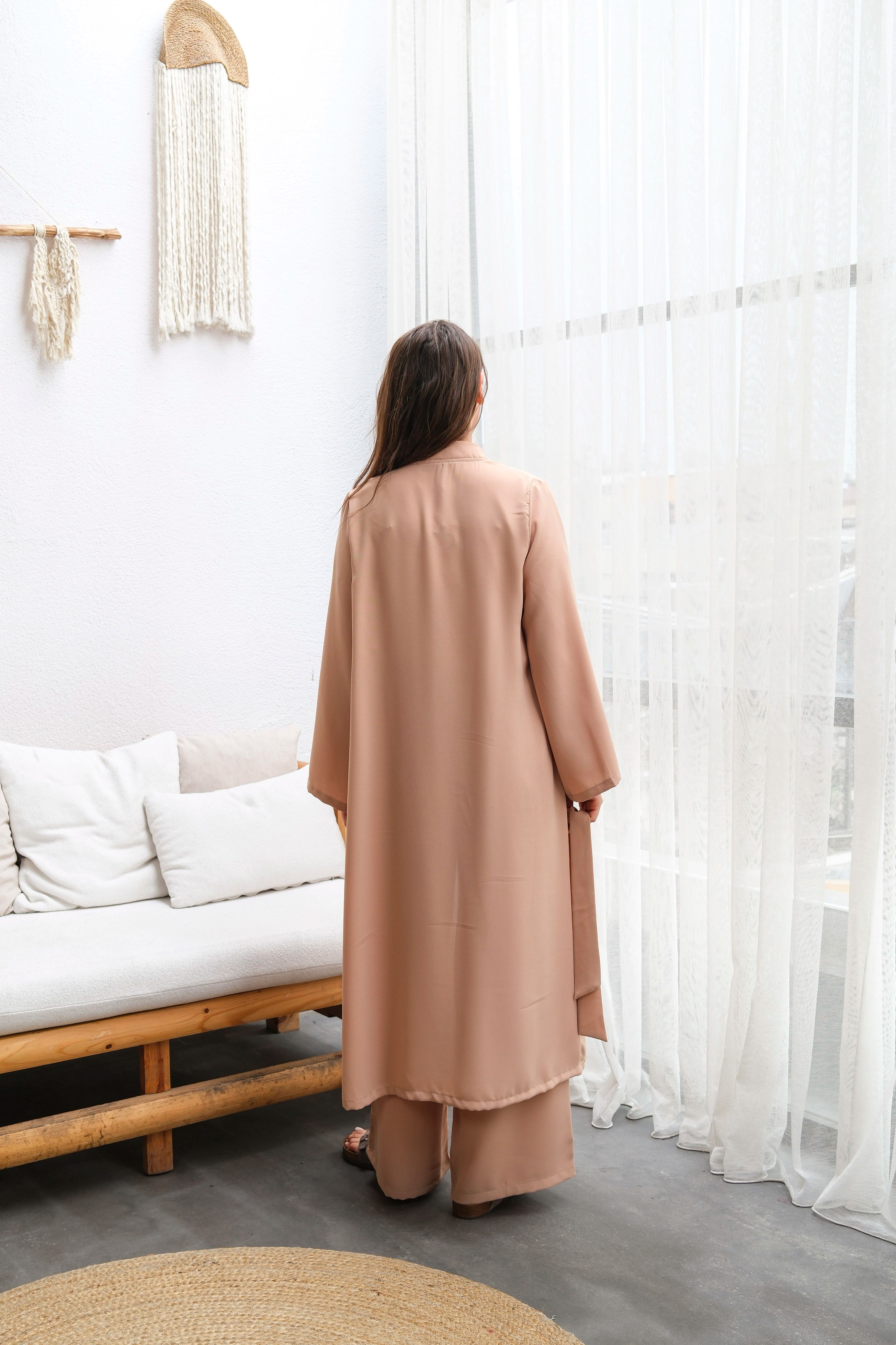 Wholesale Thin Crepe Fabric Belted Two Piece Suit - 10634 Product Information - Milk Coffee