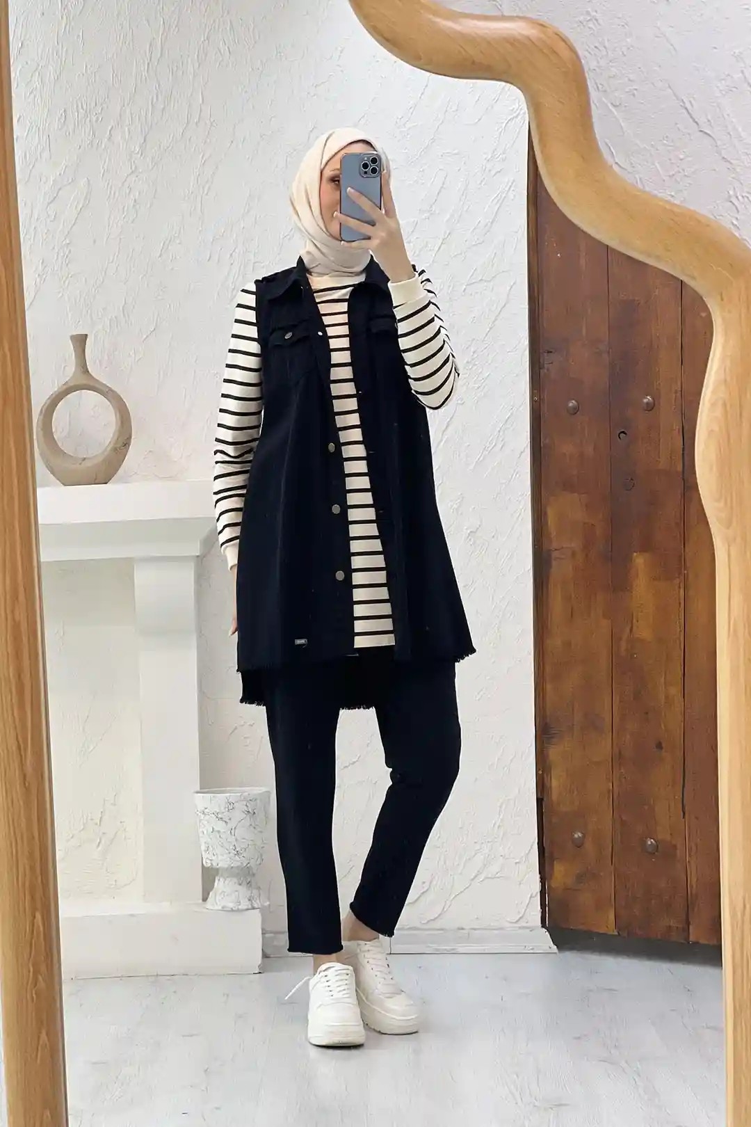 Wholesale Denim Fabric Horizontal Stripe Detailed Buttoned Three-Piece Suit