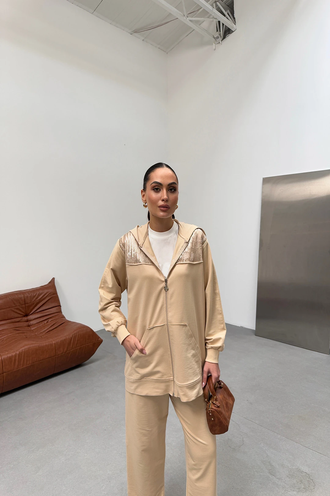 Wholesale Two-Thread Fabric Sequined Two-Piece Suit - 10604 - Cream