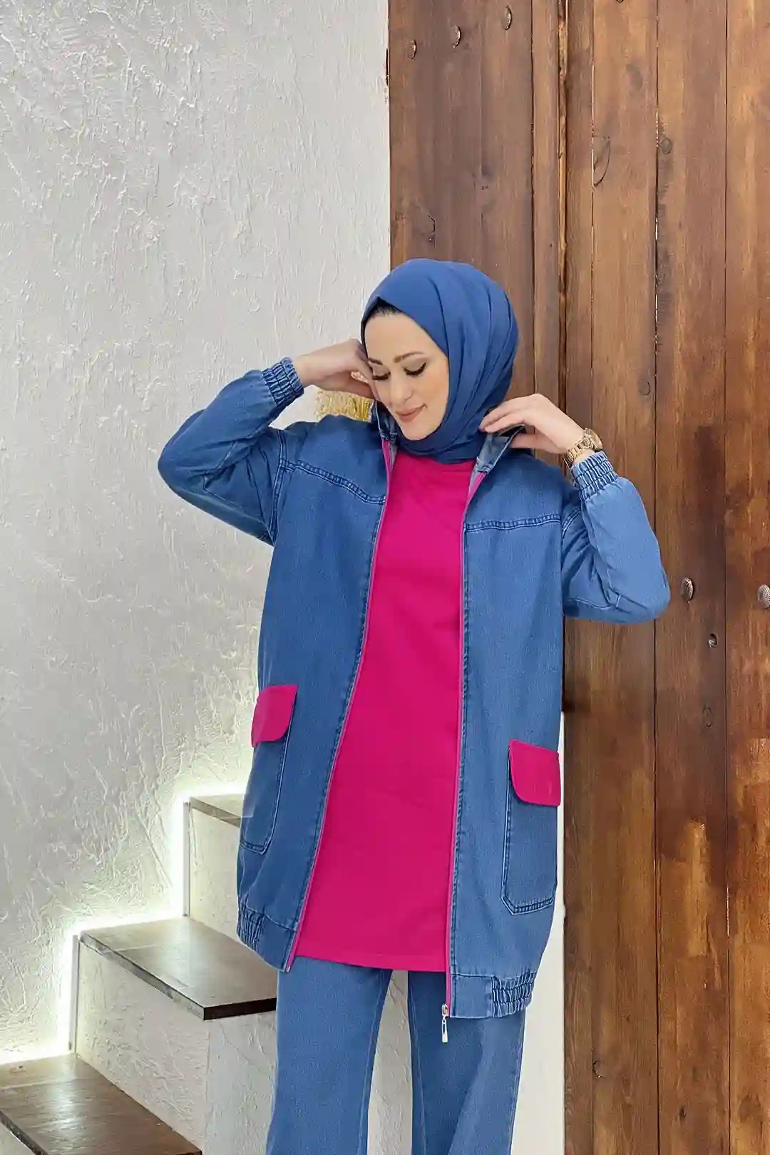 Wholesale Two-Thread Denim Fabric Hooded Front Zippered Three-Piece Suit - Fuchsia