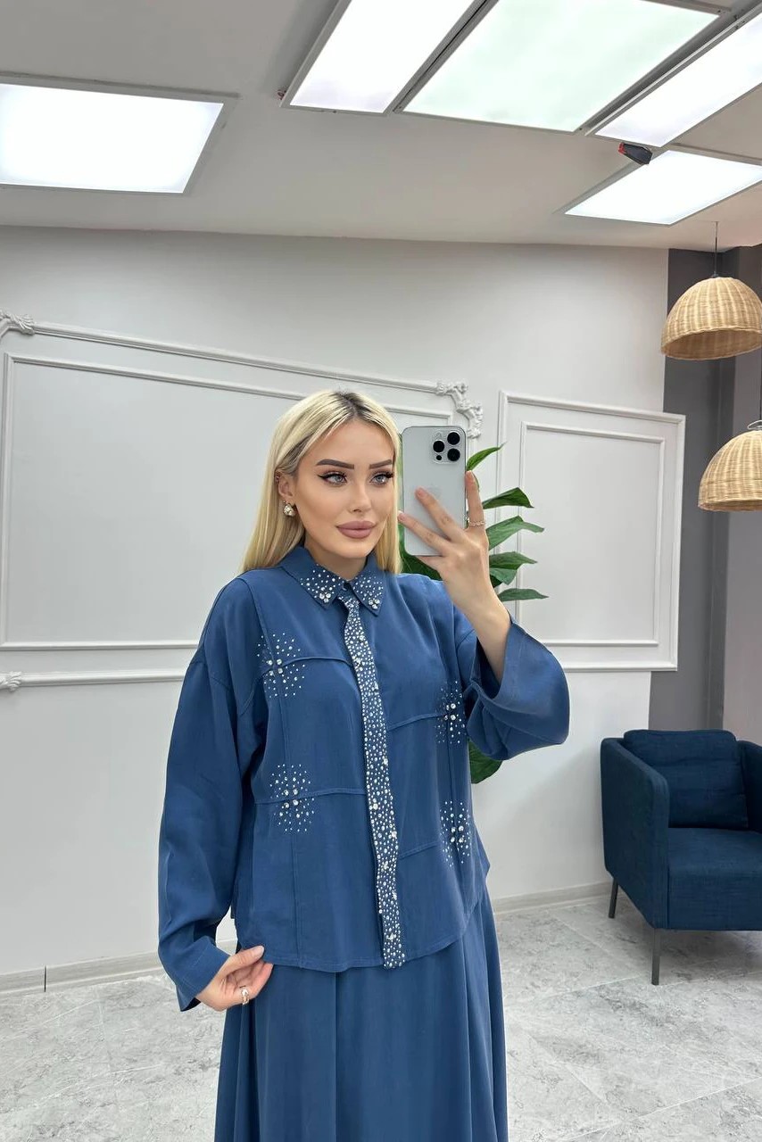 Toptan Tensel Kumaş Taş Süslemeli İkili Etek Takım - LACİVERT
