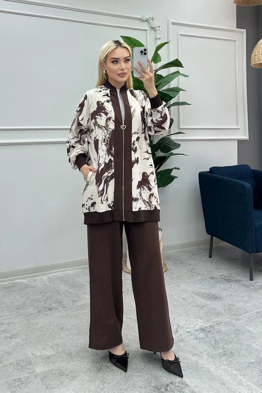 Toptan Linda Kumaş Desenli Ve Boydan Fermuarlı Üçlü Takım - KAHVE