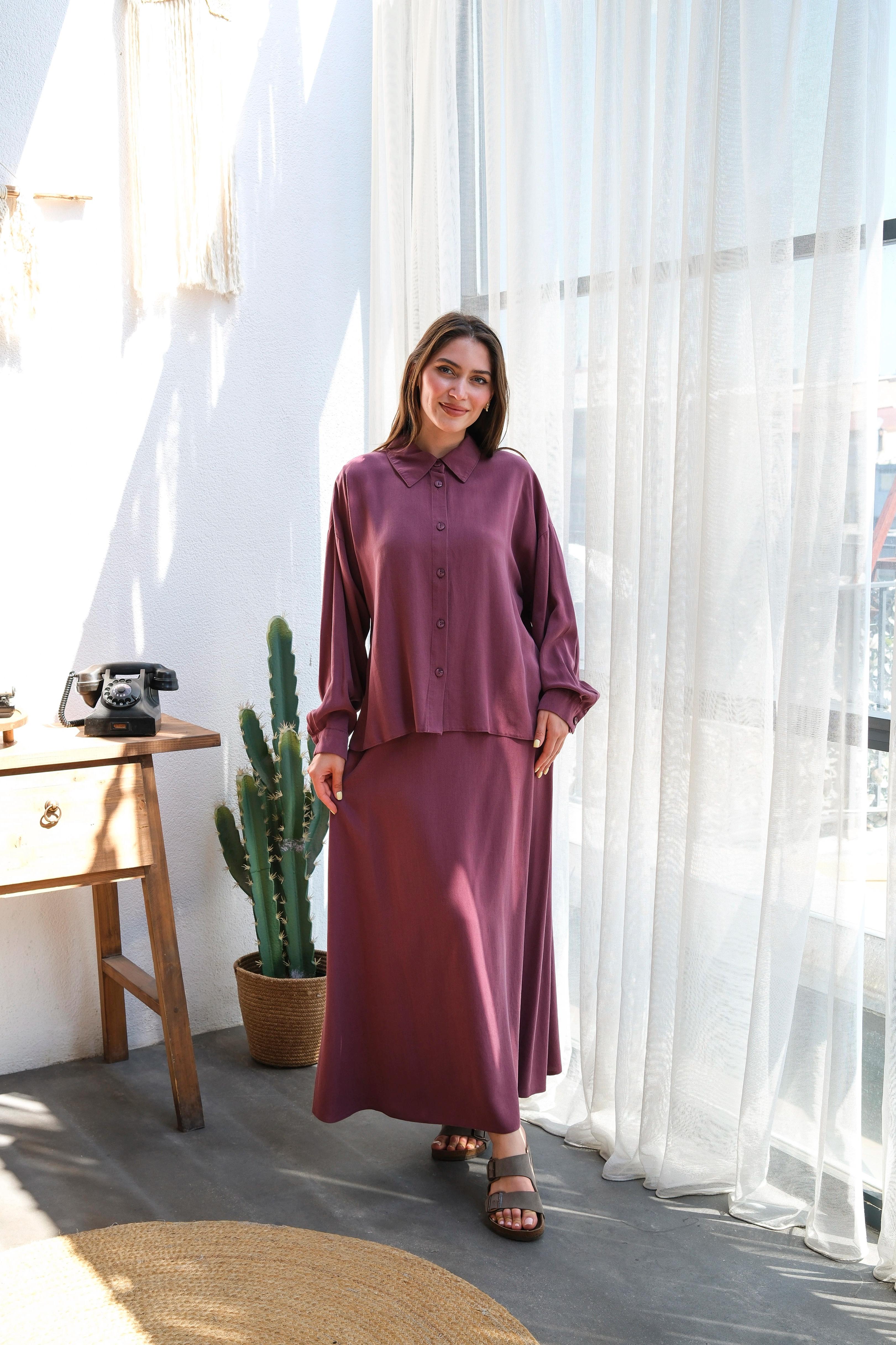 Wholesale Tencel Fabric Buttoned Double Skirt Set - 8219 Product Information - Burgundy