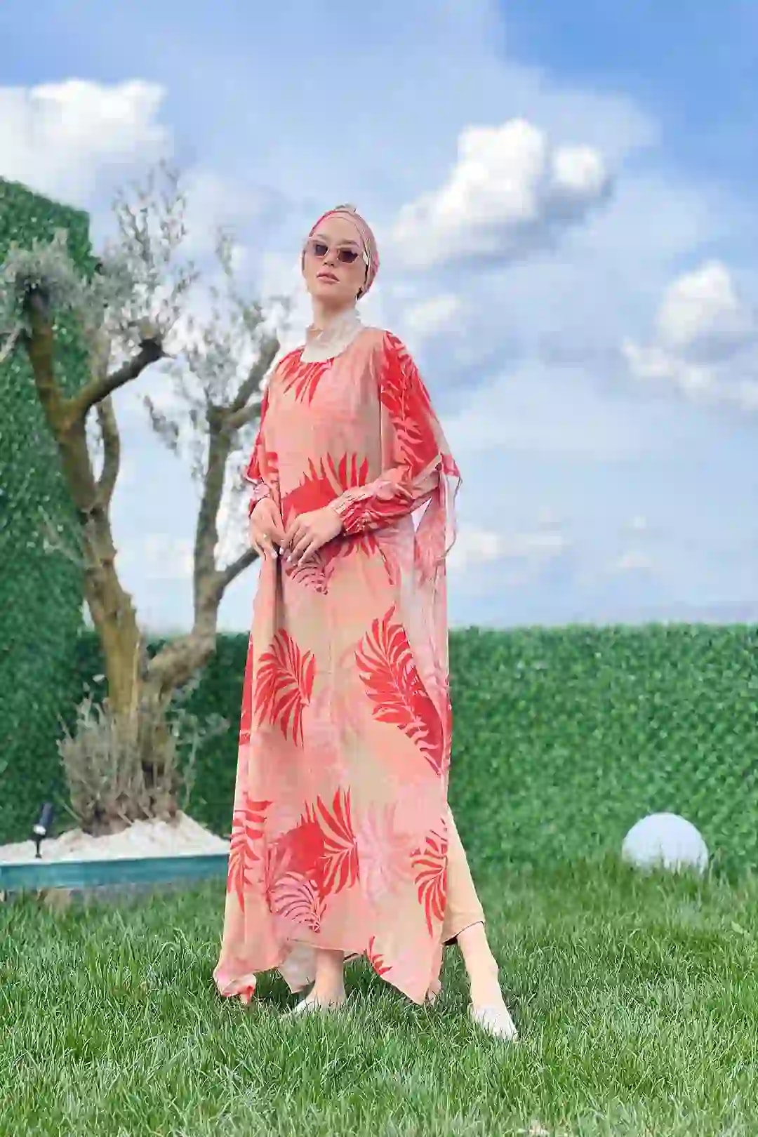 Wholesale Polyester Woven Palm Pattern Four-Piece Modest Swimsuit - Milk Coffee