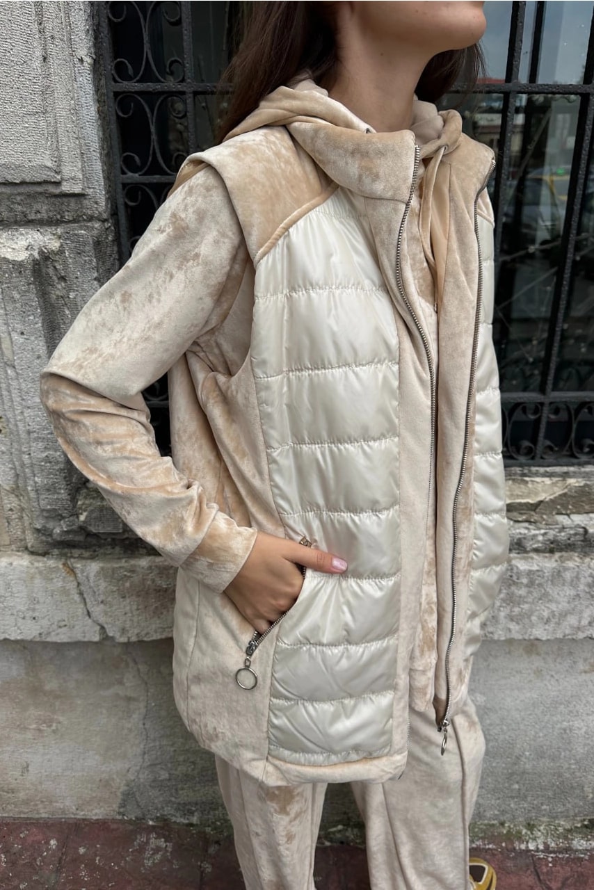 Toptan Kadife Kumaş Kapüşonlu Yelekli Üçlü Takım