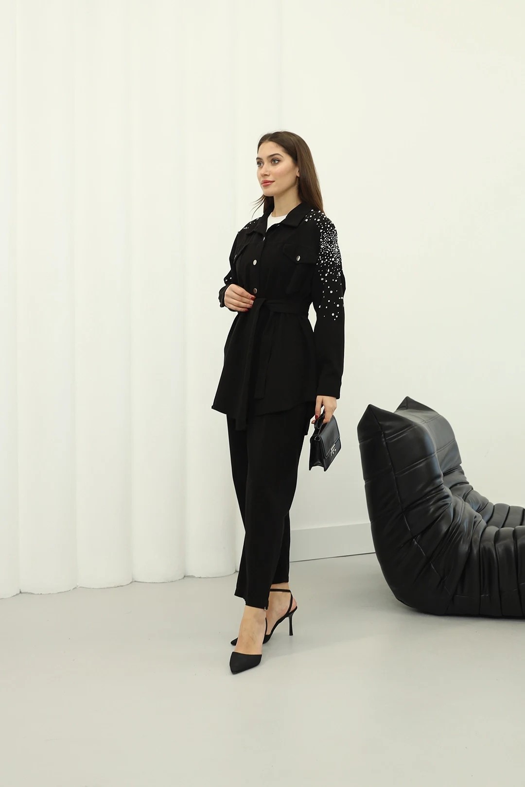 Wholesale Denim Fabric Shoulder Stoned Two Piece Suit - 10575 - Black