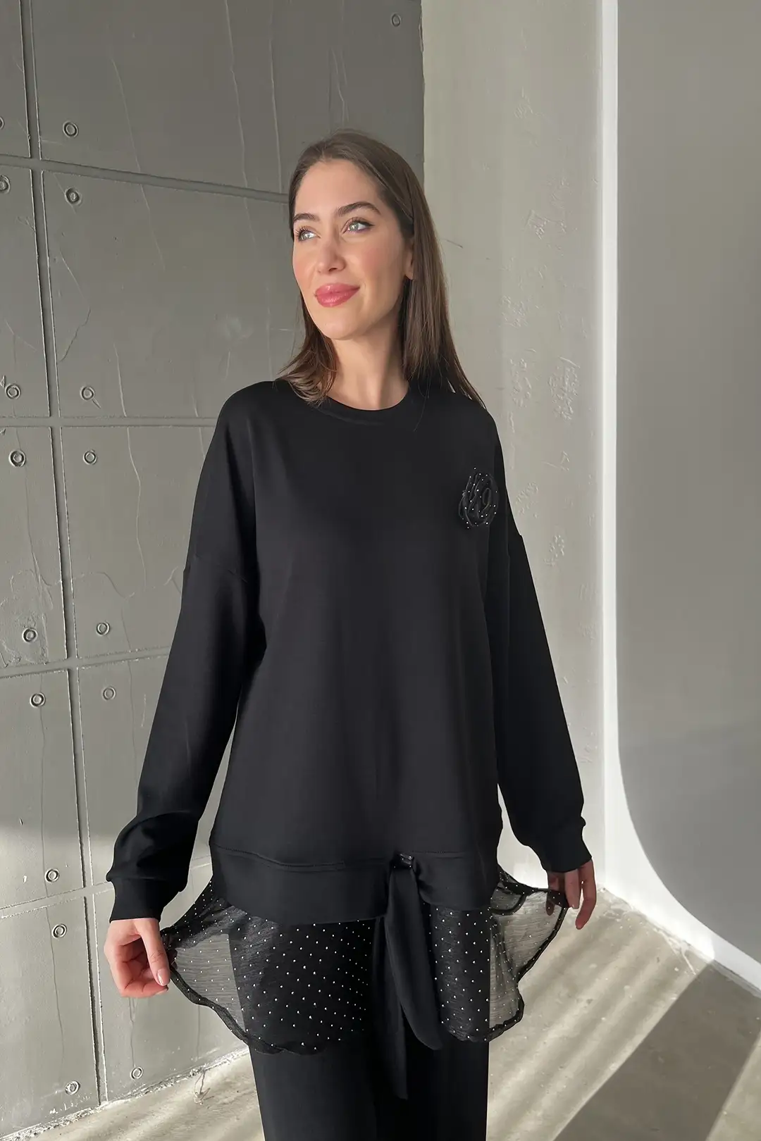 Wholesale Oysho Fabric Rose Detailed Two Piece Suit - 10592 - Black