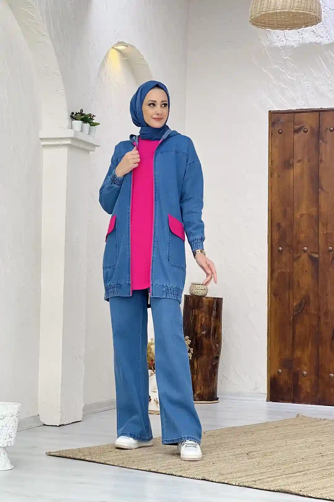 Wholesale Two-Thread Denim Fabric Hooded Front Zippered Three-Piece Suit - Fuchsia