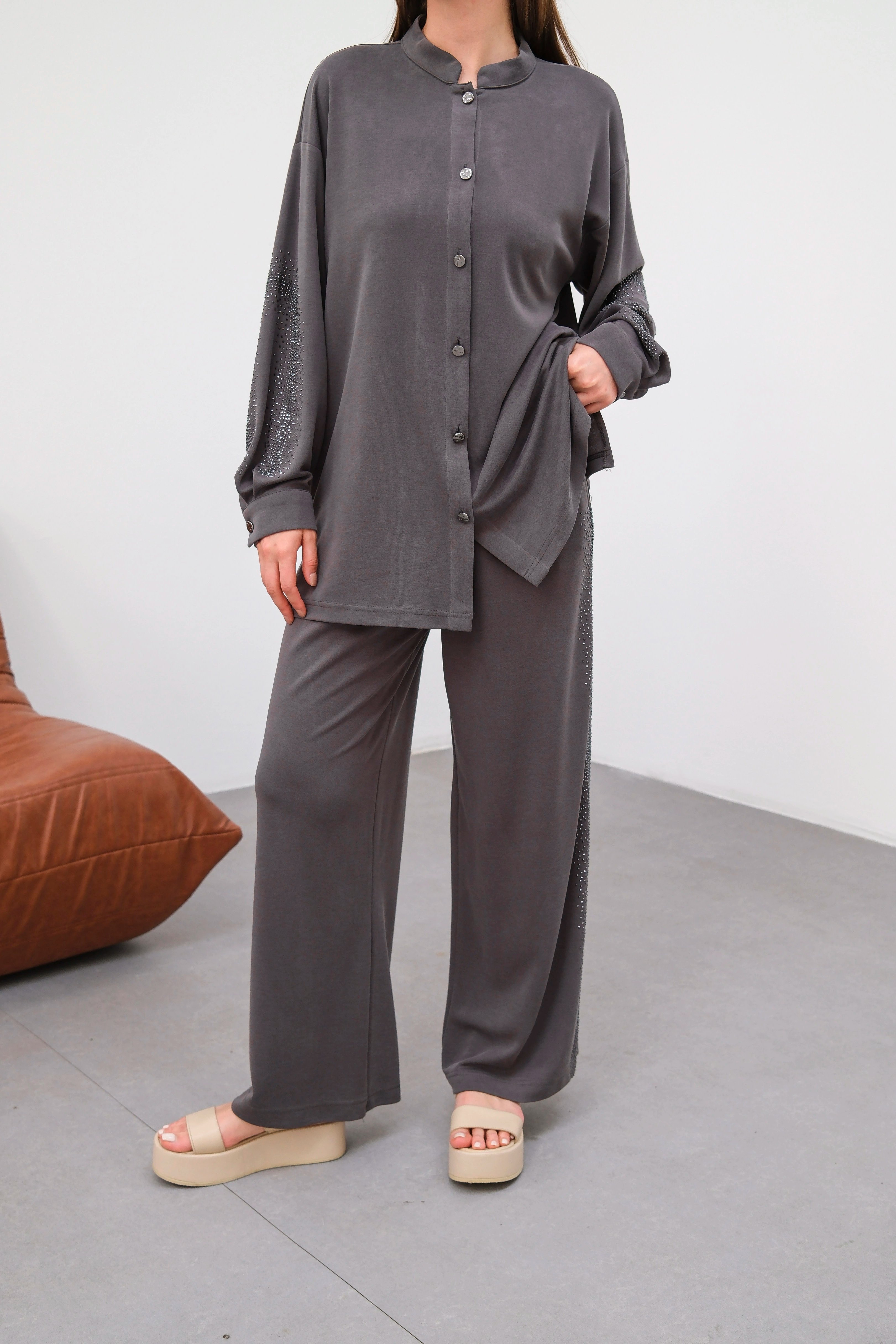 Wholesale Knitted Cupra Fabric Stone Embellished Two Piece Suit - 10657 Product Information - Smoke Gray