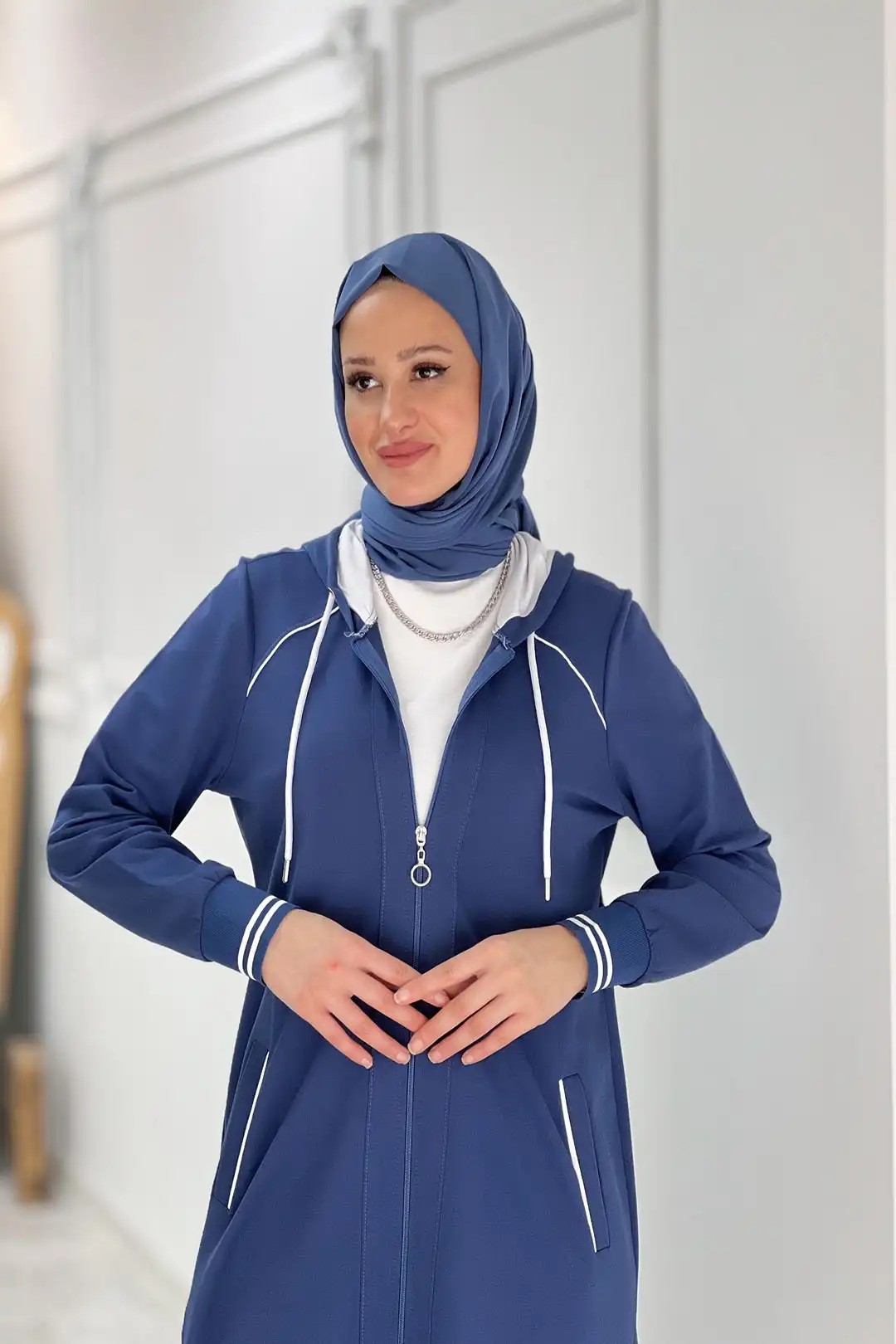 Toptan İki İplik Kumaş Boydan Fermuarlı Kapüşonlu İkili Takım - MAVİ