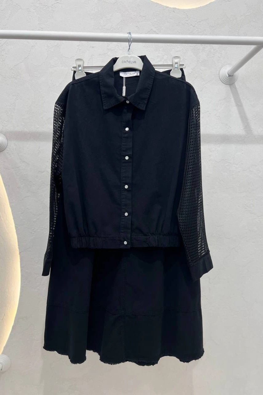 Wholesale Linen Denim Fabric Double Skirt Set with Net Sleeves - 8225 Product Information