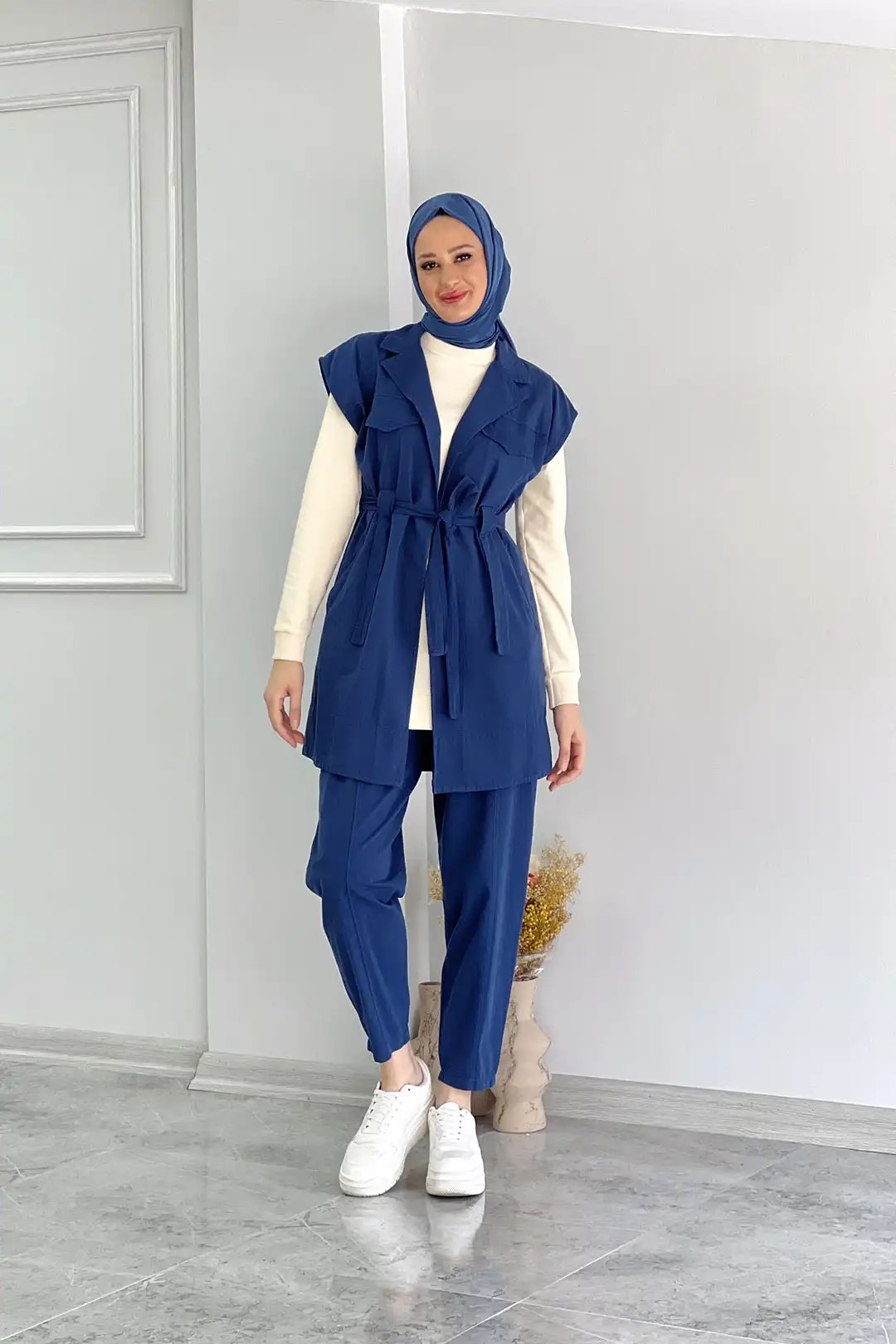 Wholesale Linen Denim Fabric Drawstring Waist Three-Piece Suit