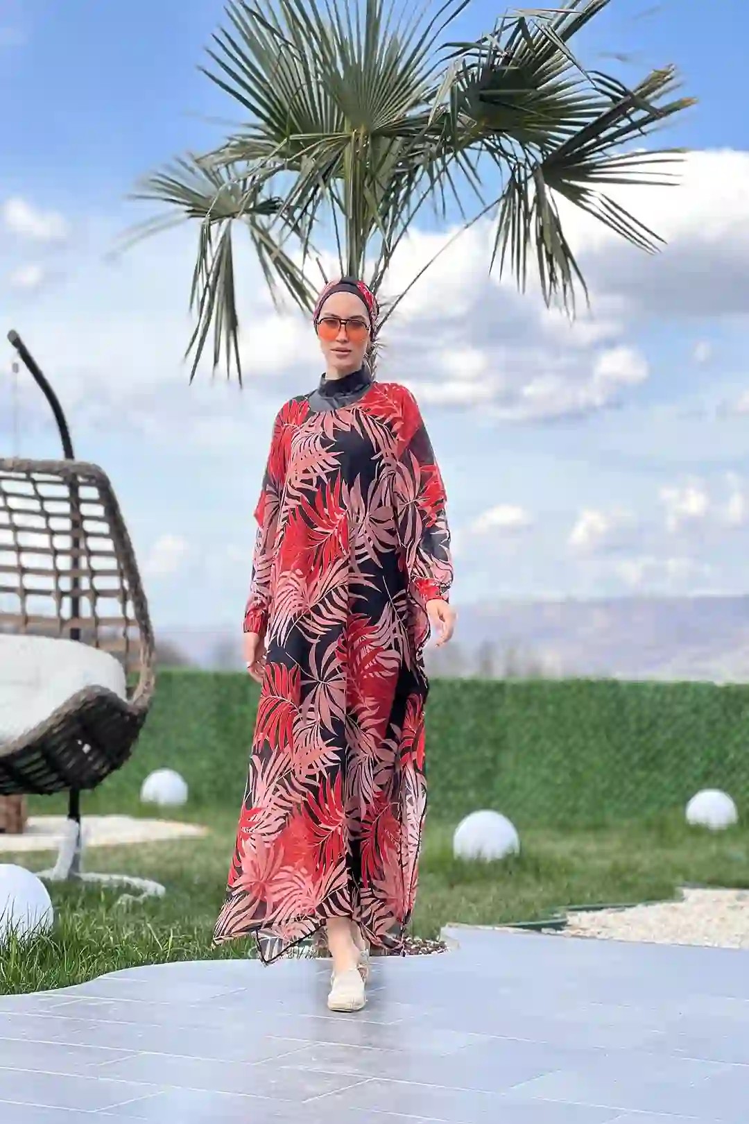 Toptan Polyester Dokuma Palmiye Desenli Dörtlü Tesettür Mayo - SİYAH