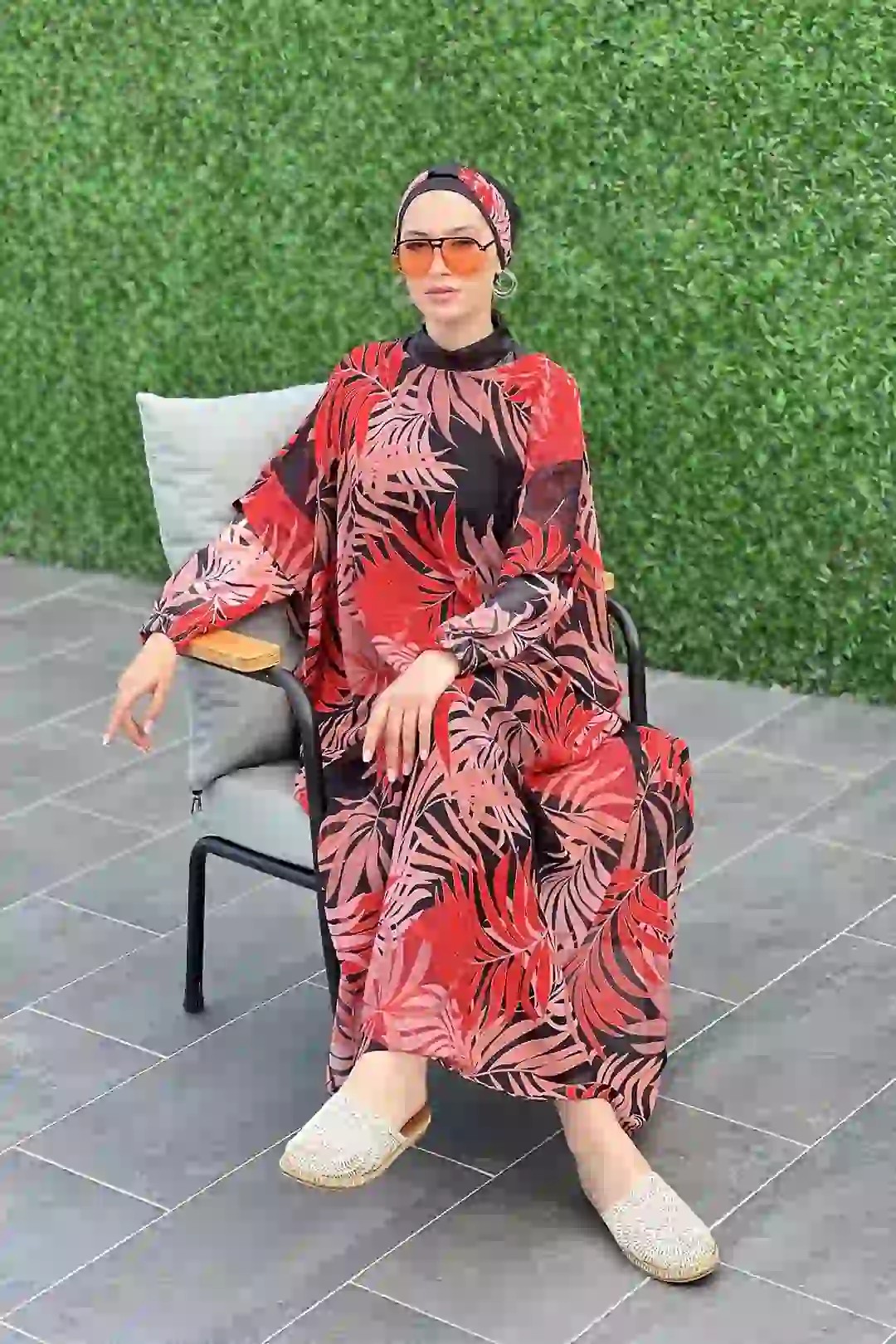 Toptan Polyester Dokuma Palmiye Desenli Dörtlü Tesettür Mayo - SİYAH