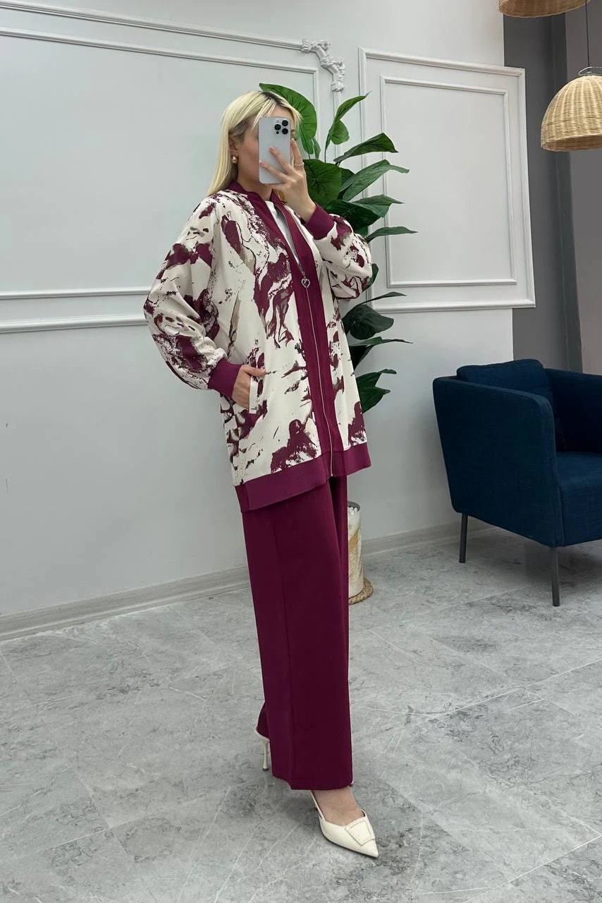 Toptan Linda Kumaş Desenli Ve Boydan Fermuarlı Üçlü Takım - BORDO