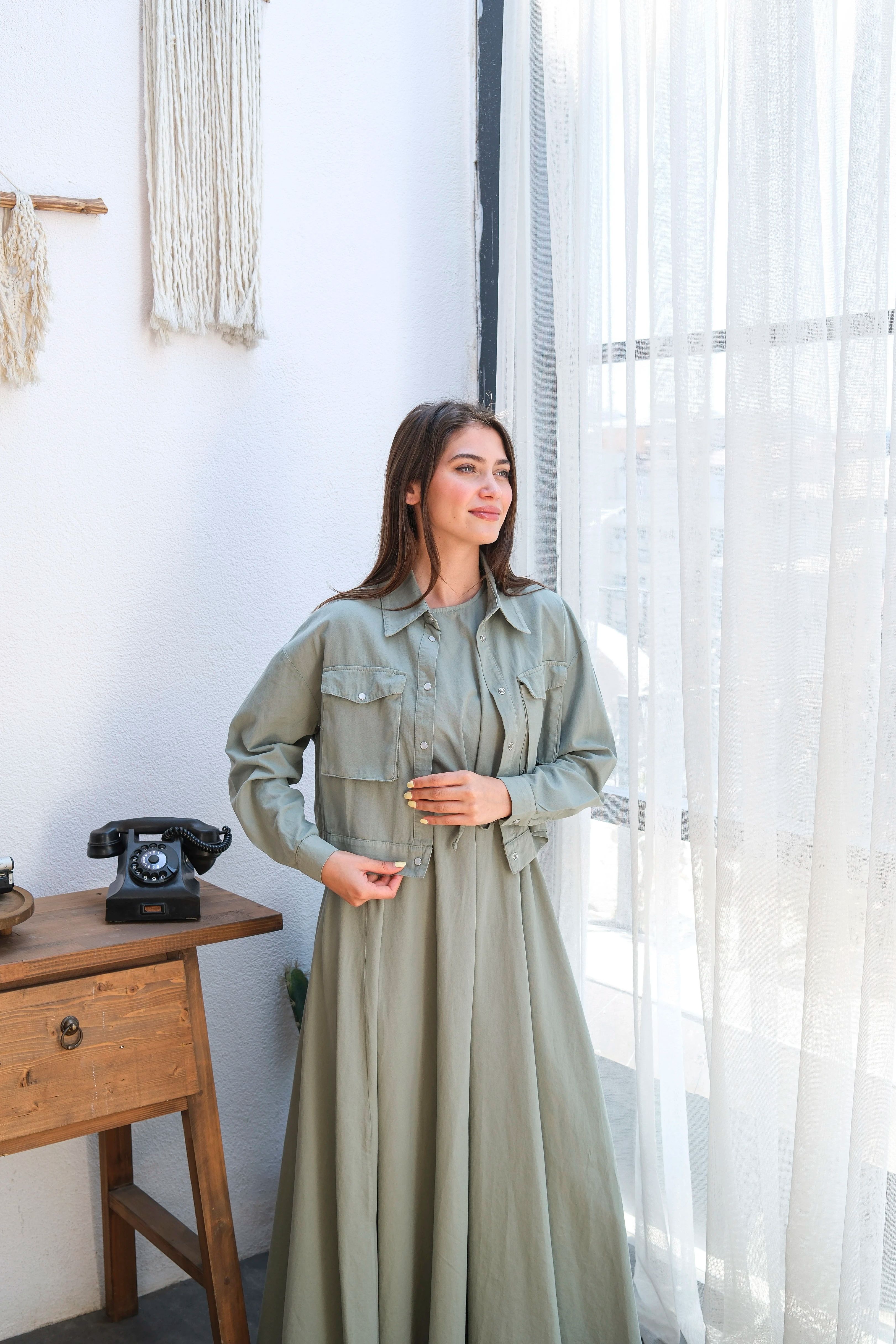 Toptan İnce Kot Kumaş Ceketi Çıtçıtlı İkili Elbise - MİNT YEŞİLİ