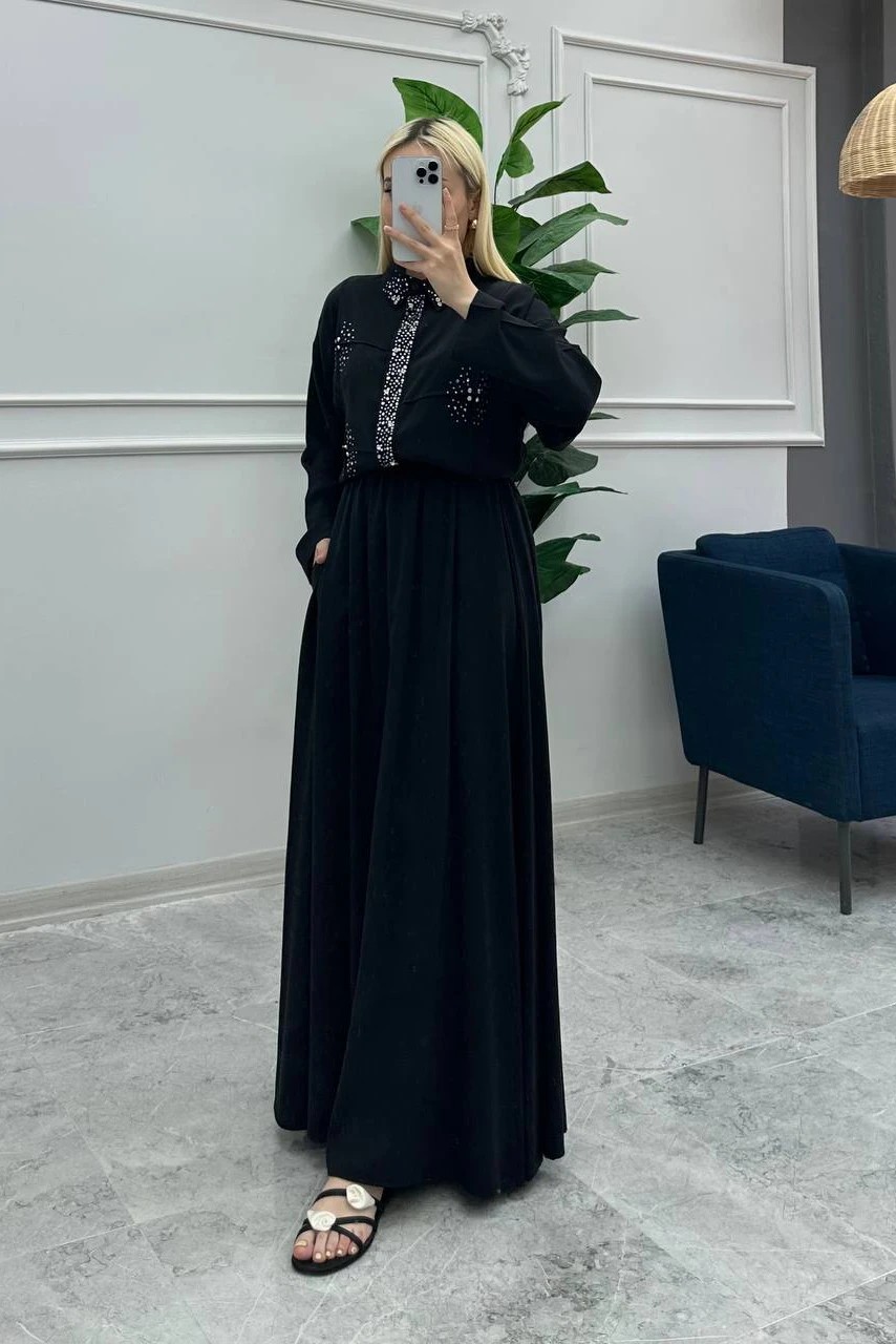 Wholesale Tencel Fabric Stone Embellished Double Skirt Set - 8222 Product Information