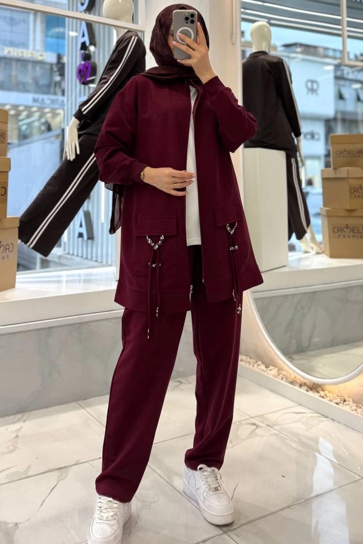 Wholesale Two-Thread Fabric Two-Piece Set with Stone-Embellished Pocket and Tie Detail