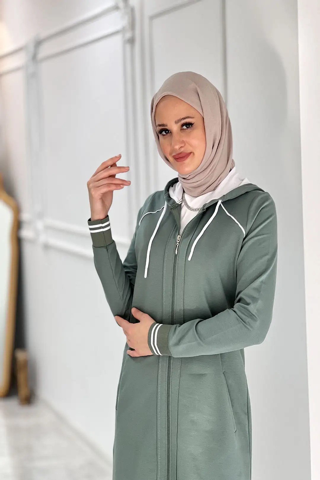 Wholesale Two-Thread Fabric Full Zippered Hooded Two-Piece Suit - Mint Green