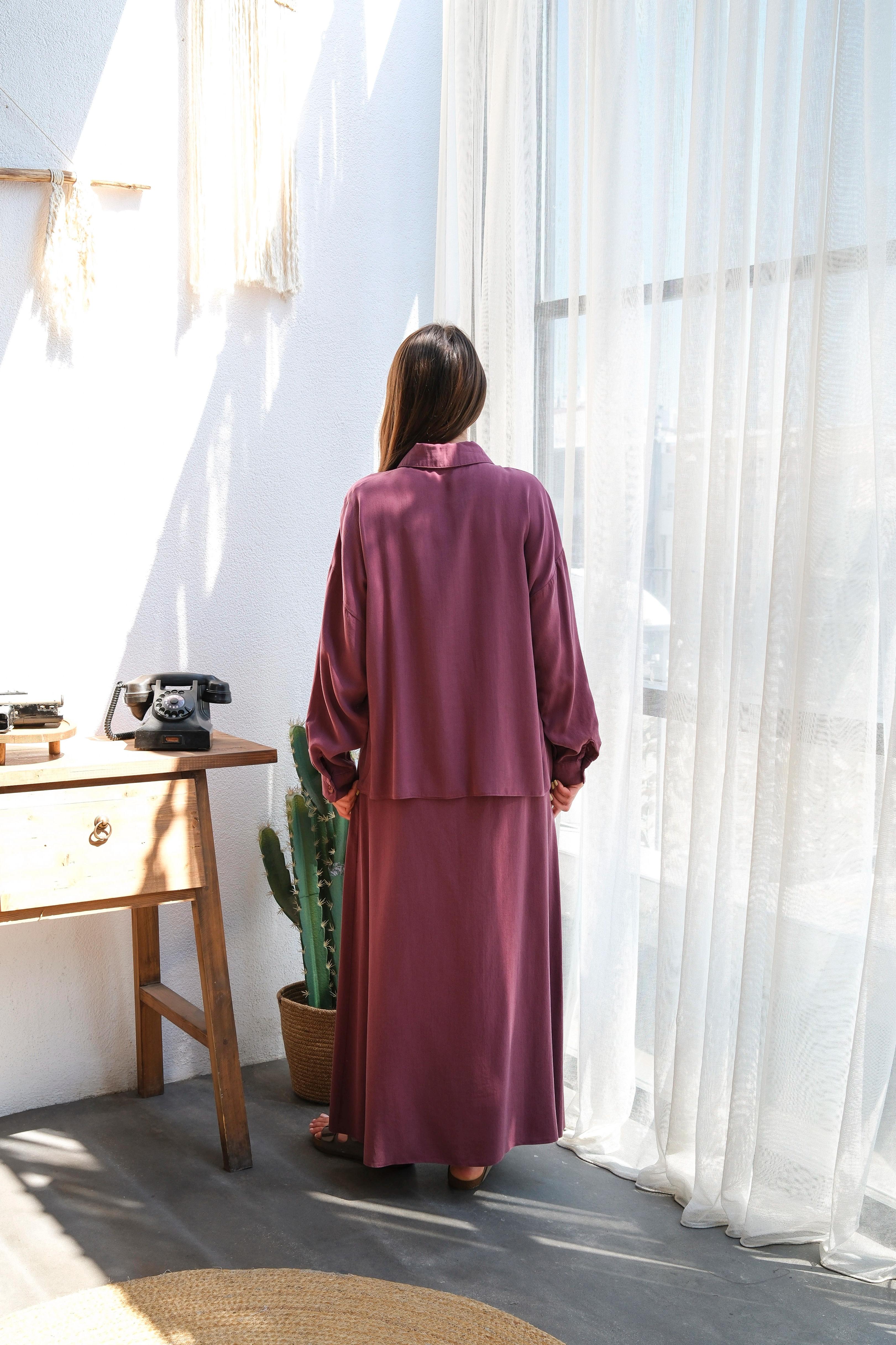 Wholesale Tencel Fabric Buttoned Double Skirt Set - 8219 Product Information - Burgundy