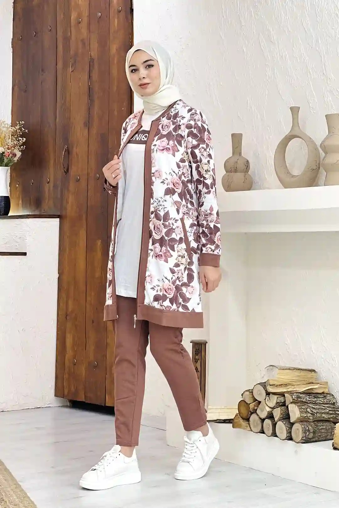 Wholesale Two-Thread Fabric Digitally Printed Front Full Zippered Three-Piece Suit - Dark Brown