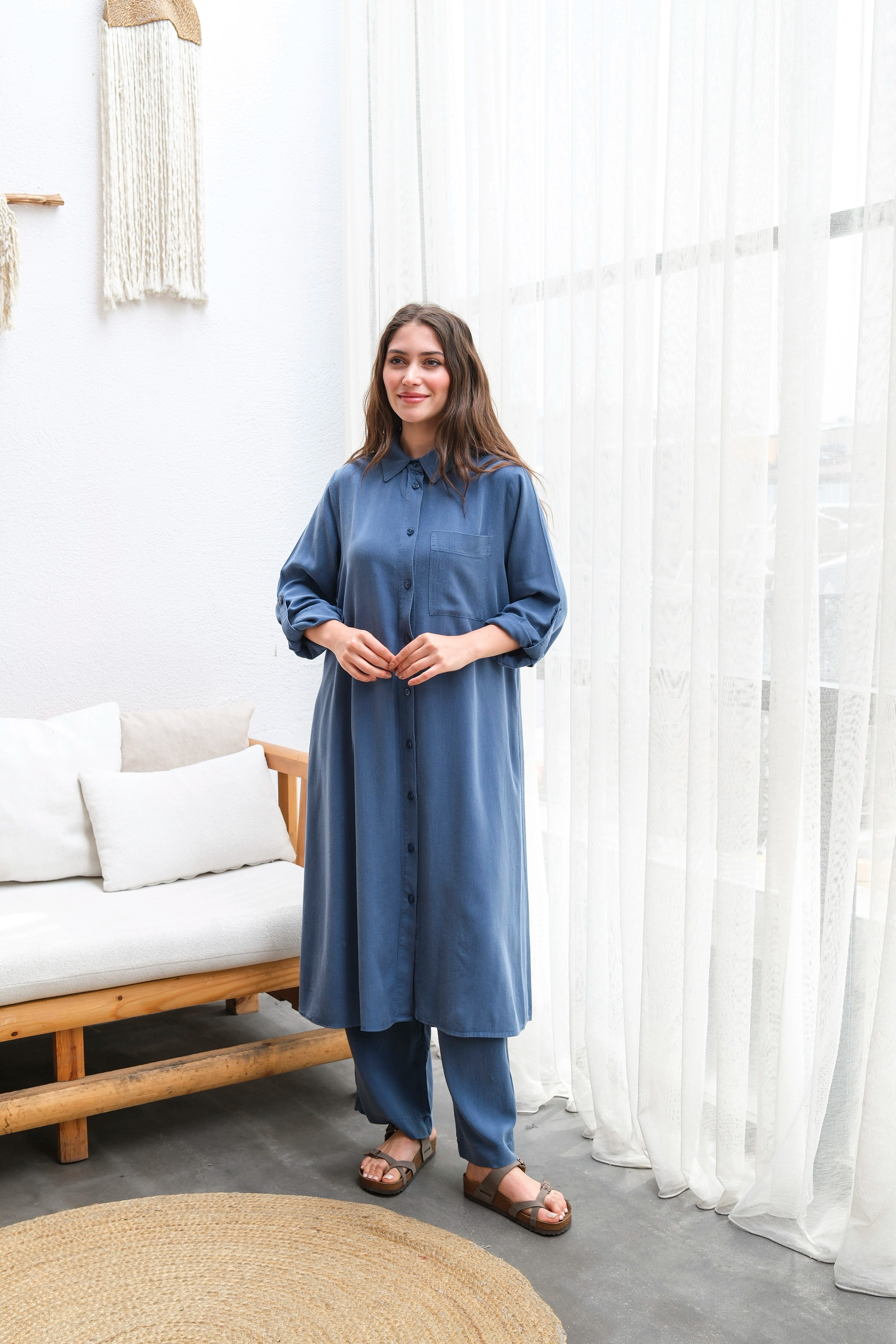 Toptan Tensel Kumaş Tuniği Uzun Düğmeli Battal Beden İkili Takım - LACİVERT