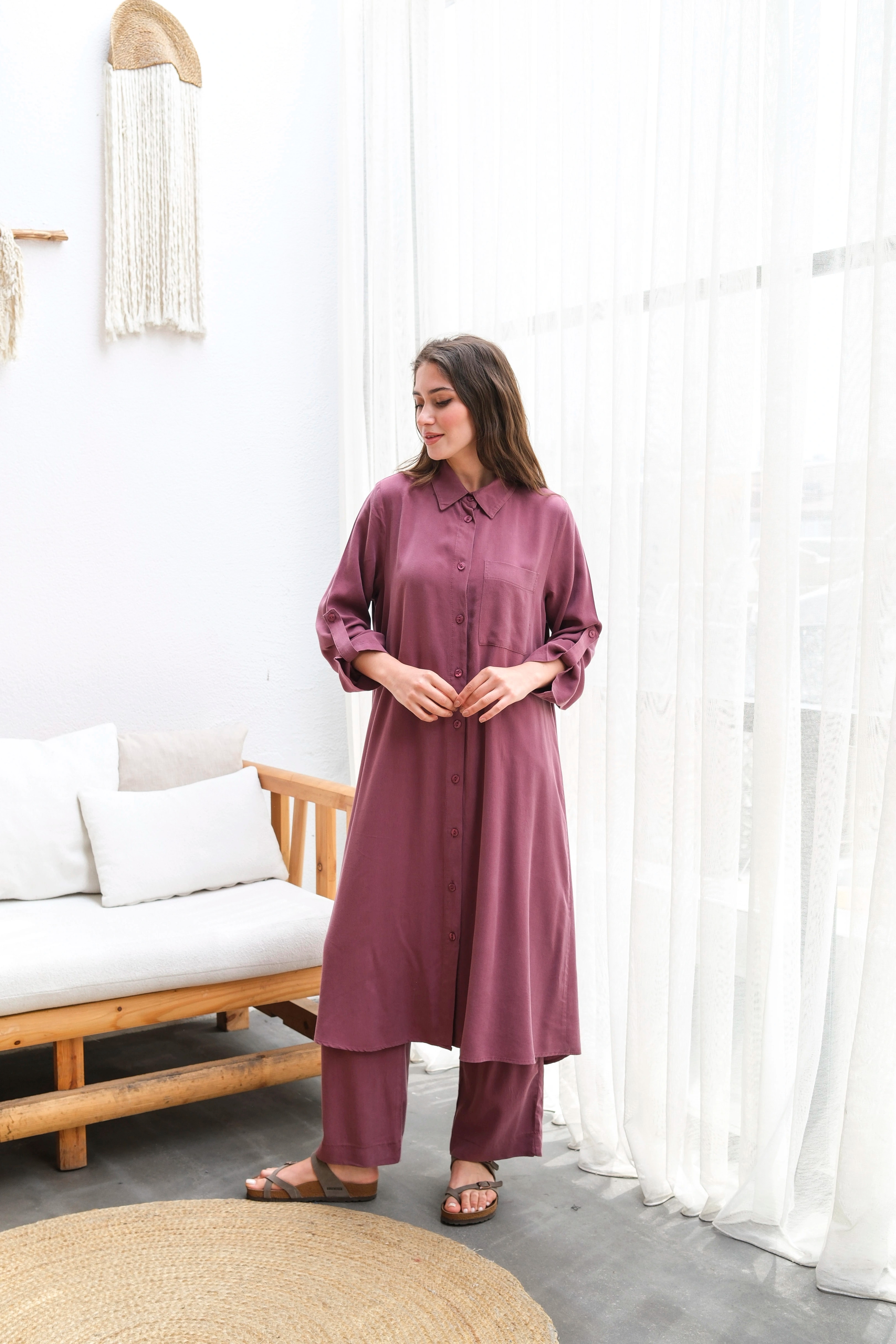 Toptan Tensel Kumaş Tuniği Uzun Düğmeli Battal Beden İkili Takım - BORDO