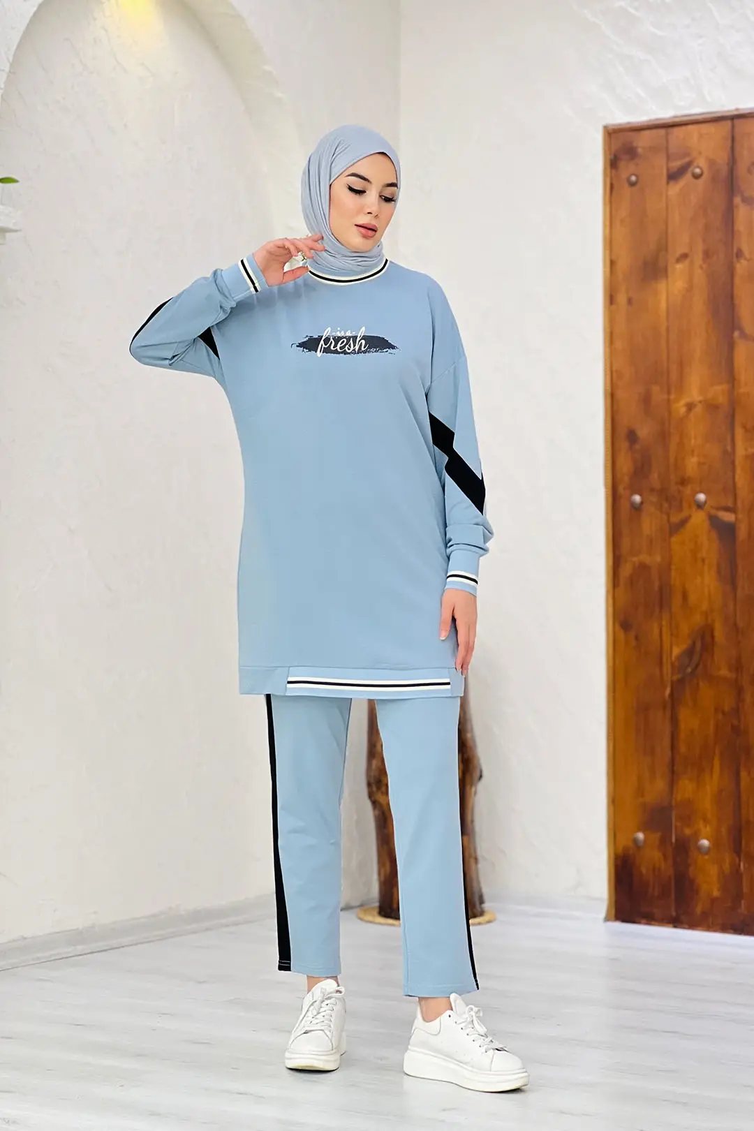 Toptan İki İplik Kumaş Yazı Desenli Ribana Detaylı İkili Takım - MAVİ