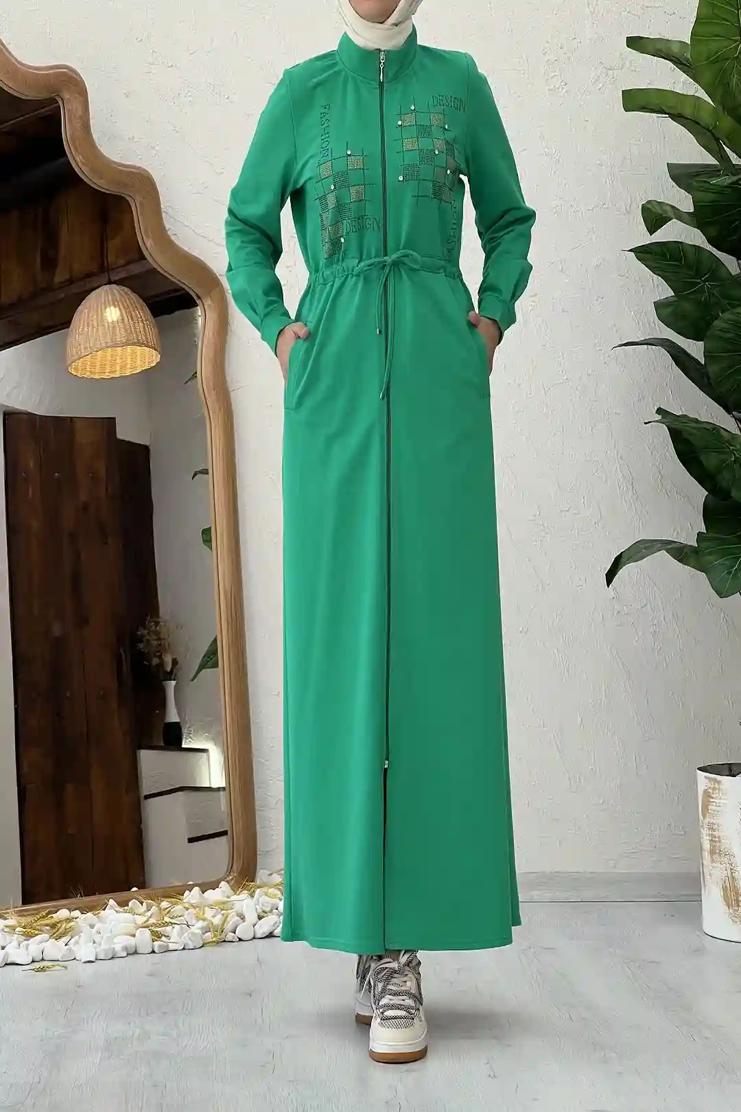 Wholesale Two-Thread Fabric Drawstring Waist Front Patterned Plus Size Dress - Green - 46 (1) - 48 (1) - 50 (1) - 52 (1) - 54 (1)