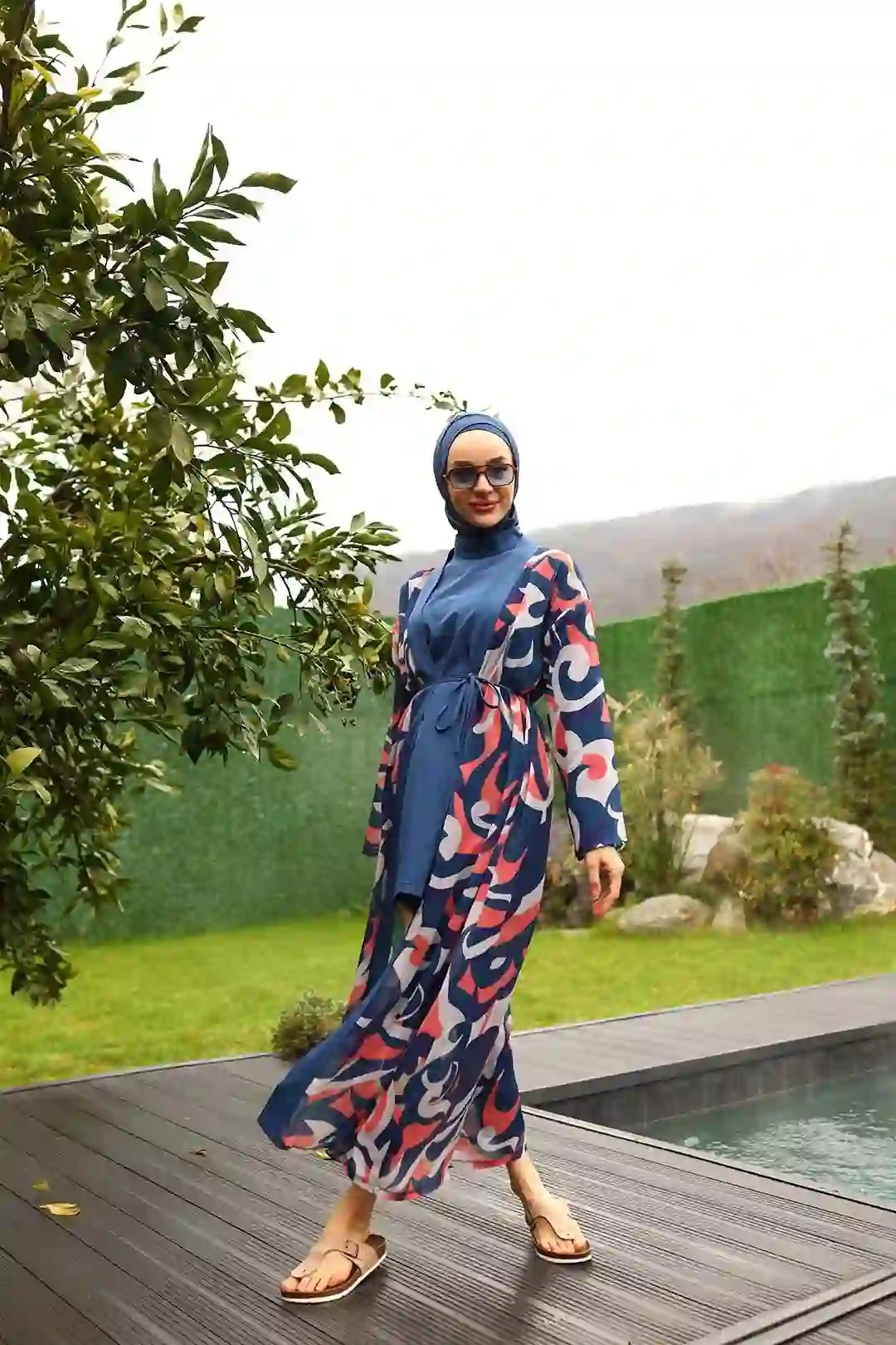 Toptan Polyester Elastan Desenli Beli İpli Dörtlü Tesettür Mayo - LACİVERT