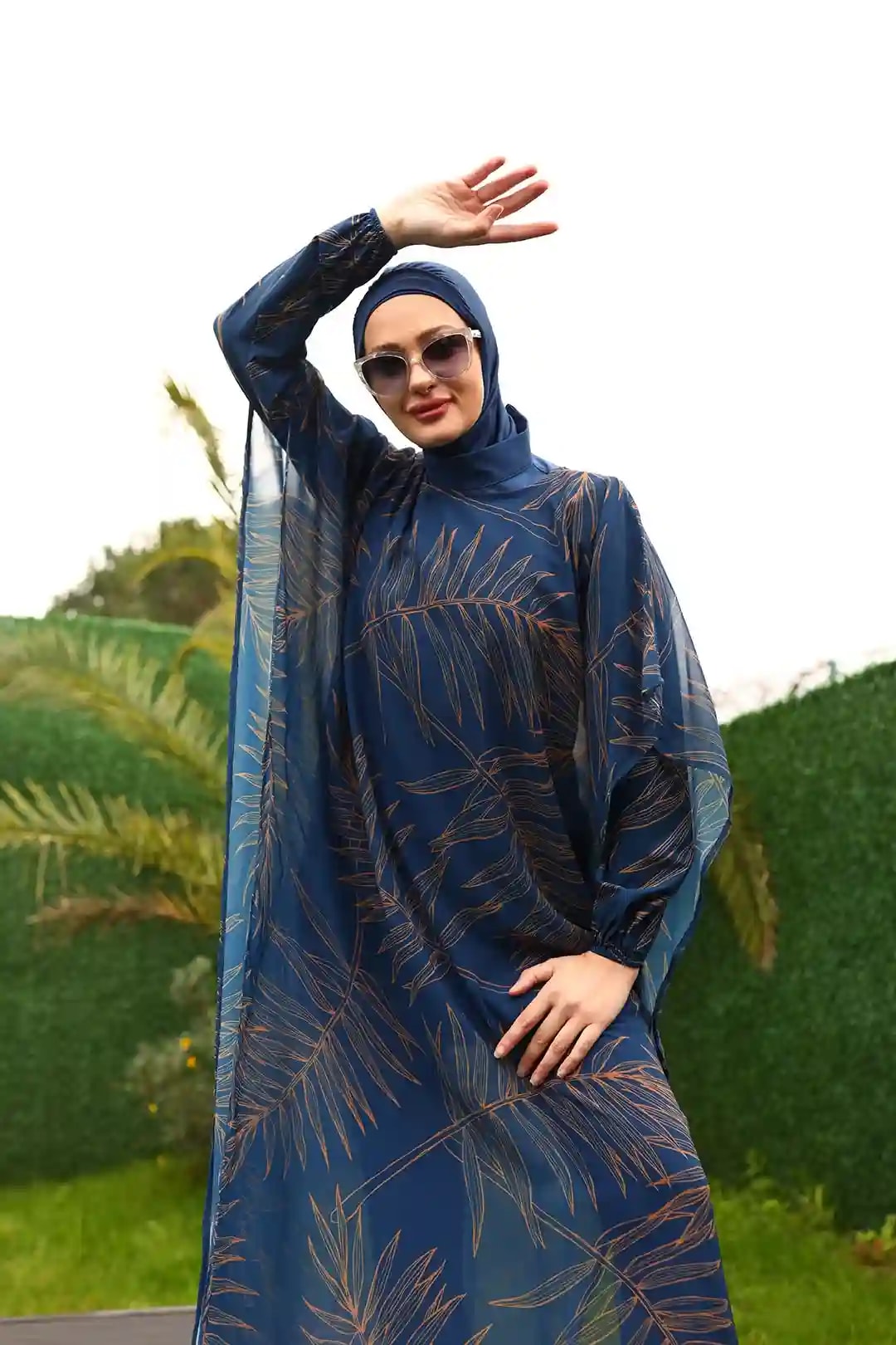 Toptan Polyester Elastan Kumaş Yaprak Desenli Kolları Lastikli Dörtlü Tesettür Mayo - LACİVERT