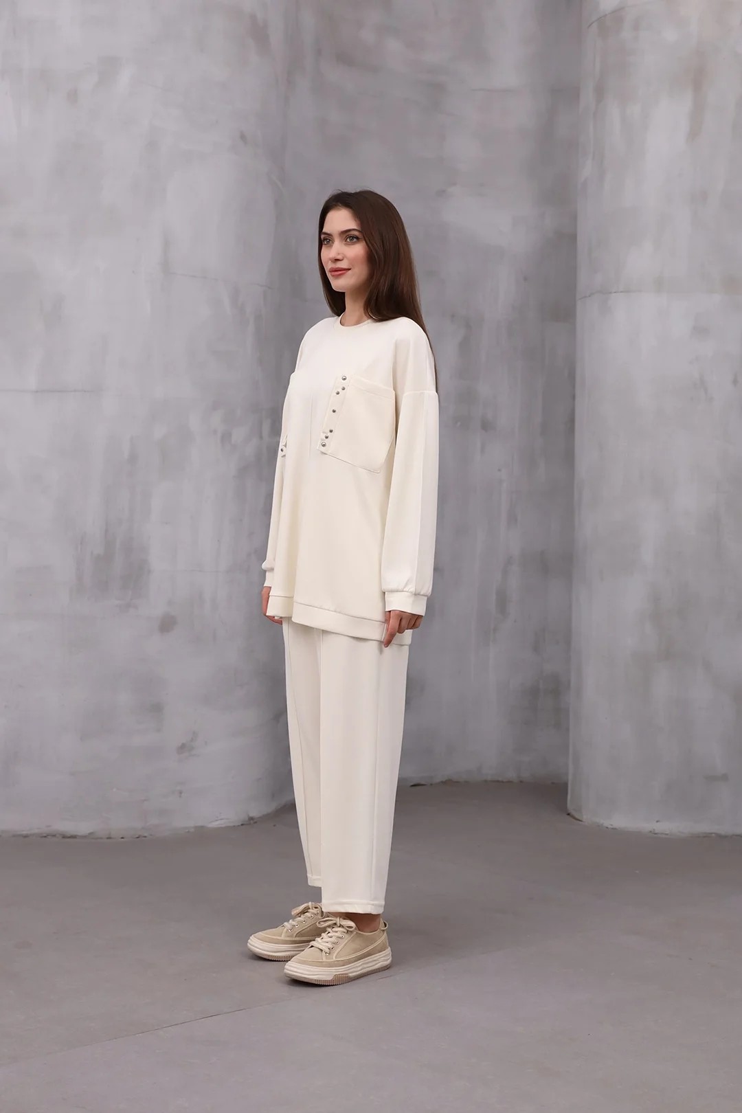 Wholesale Oysho Fabric Pocket Detailed Two Piece Suit - 10543 - Ecru