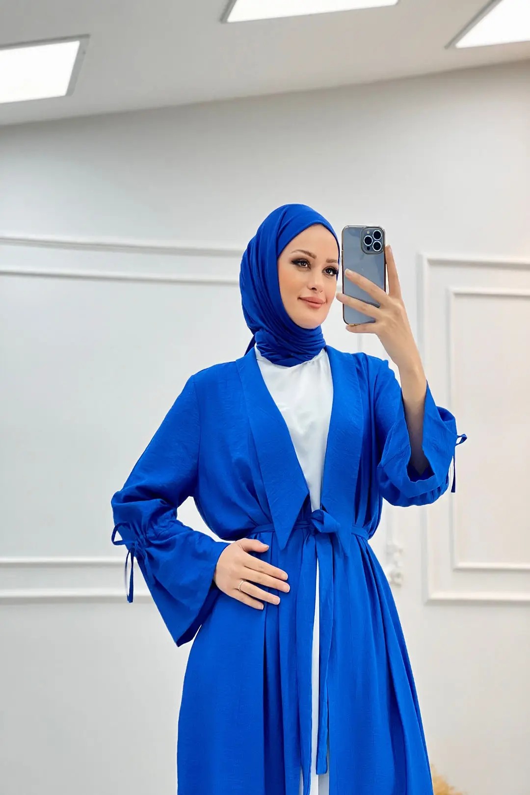 Wholesale Alice Fabric Gathered Sleeve Drawstring Detailed Three-Piece Suit - Sax
