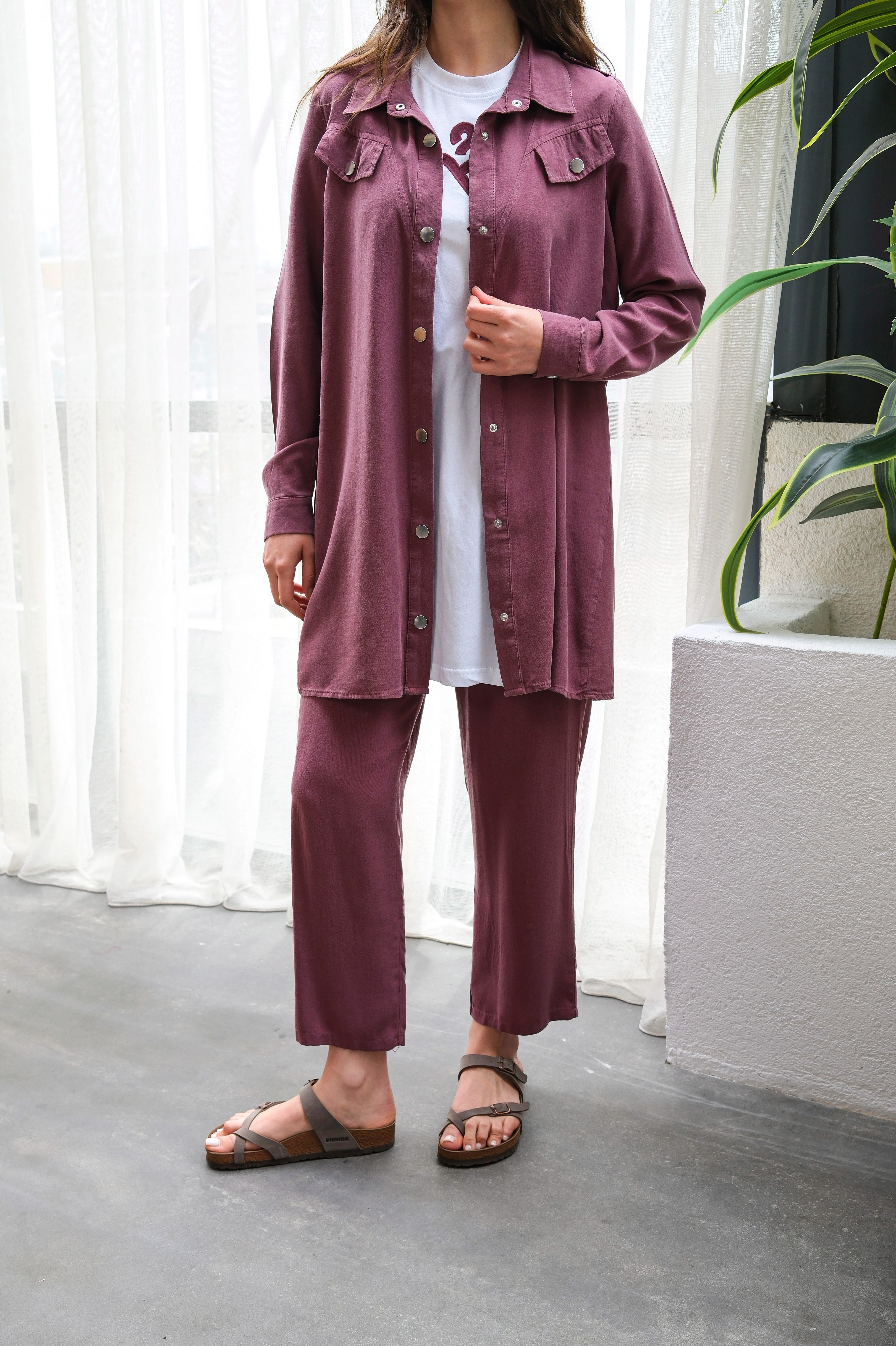 Wholesale Raw Tencel Fabric Pocket Detailed Snap Three-Piece Suit - Burgundy