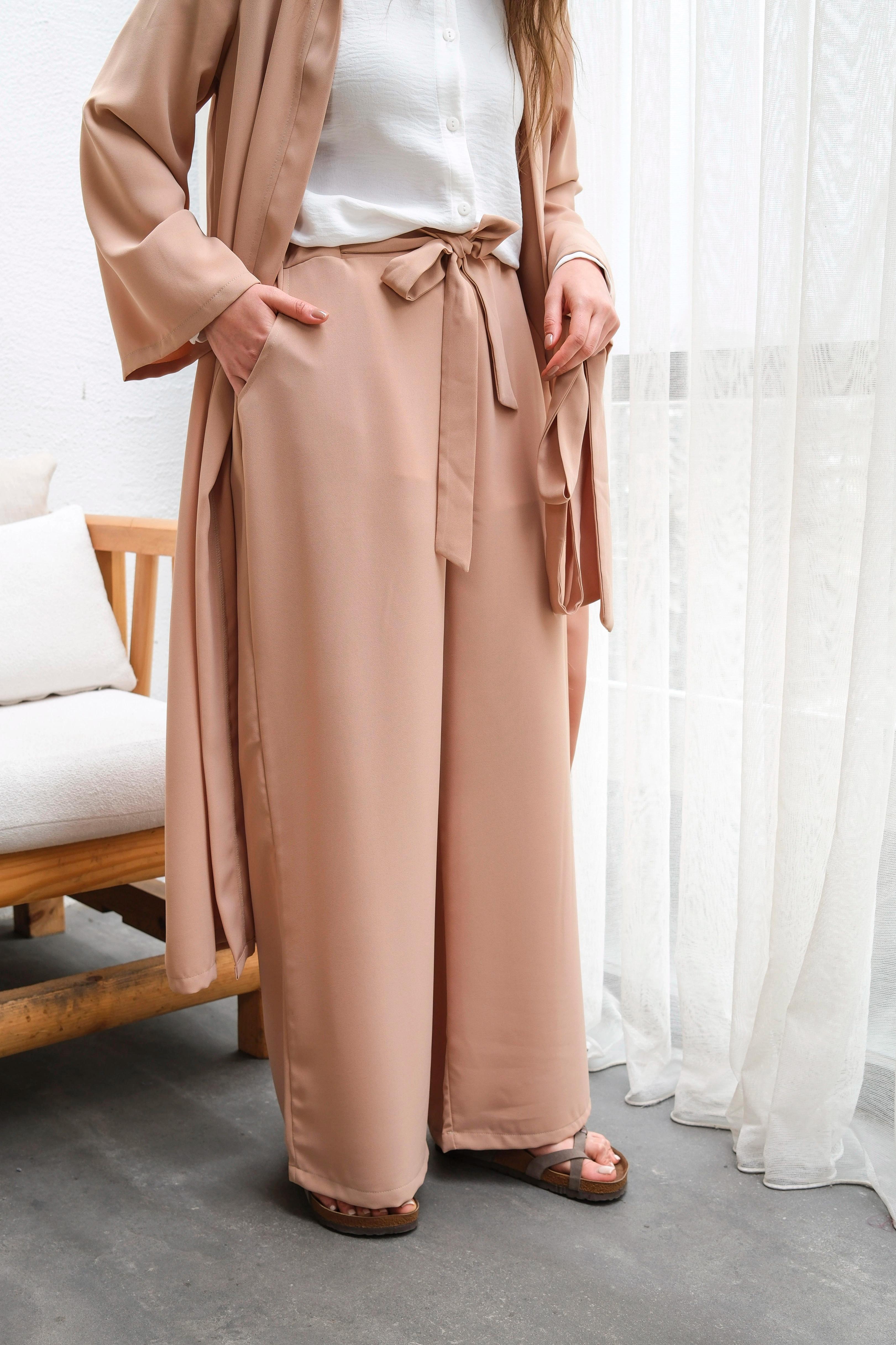 Wholesale Thin Crepe Fabric Belted Two Piece Suit - 10634 Product Information - Milk Coffee