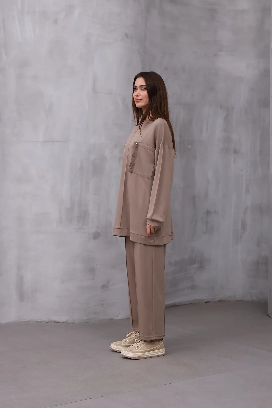 Оптовая продажа Oysho Fabric Pocket Detailed Two Piece Suit - 10543 - Визон