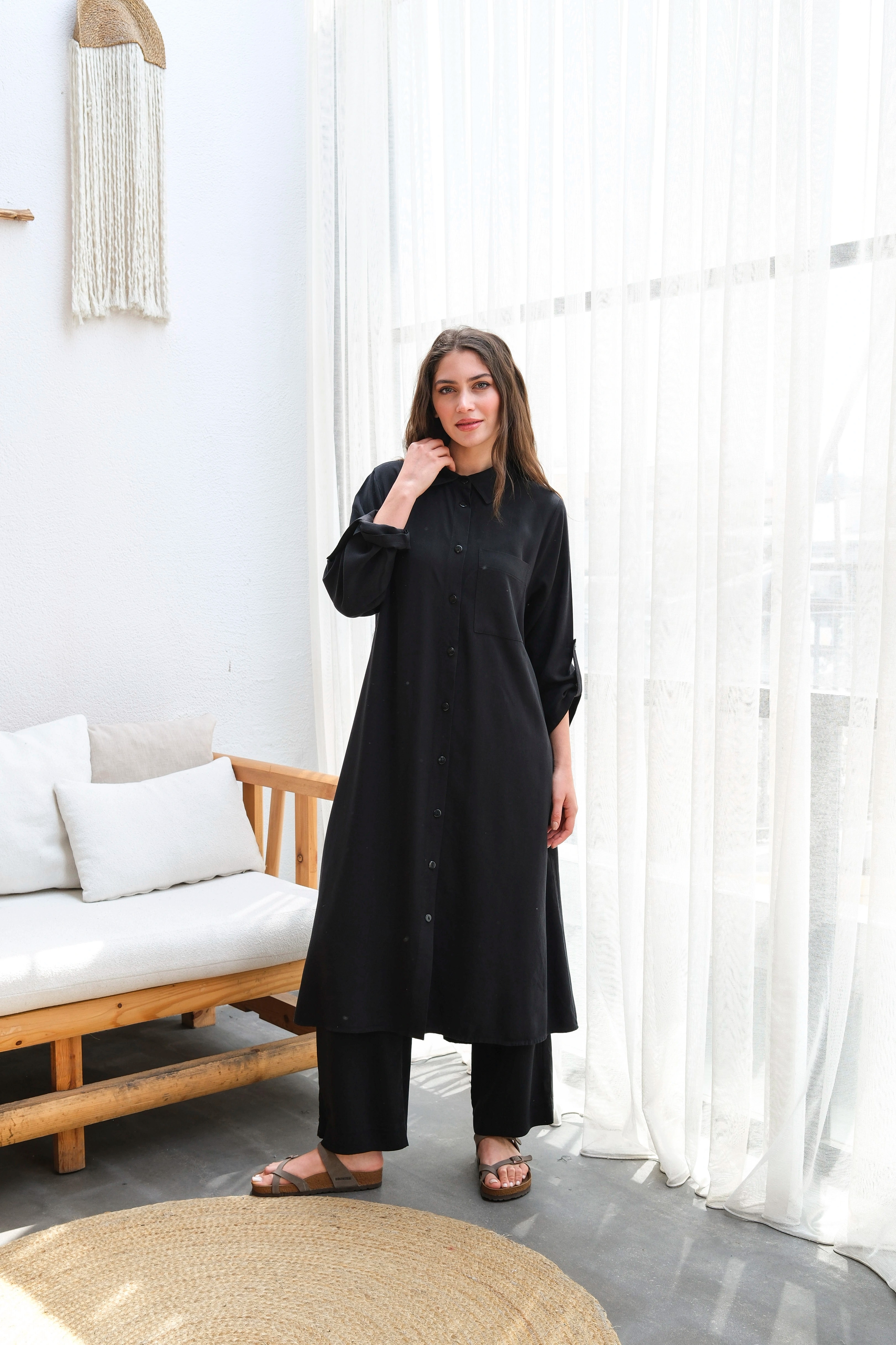 Toptan Tensel Kumaş Tuniği Uzun Düğmeli Battal Beden İkili Takım - SİYAH