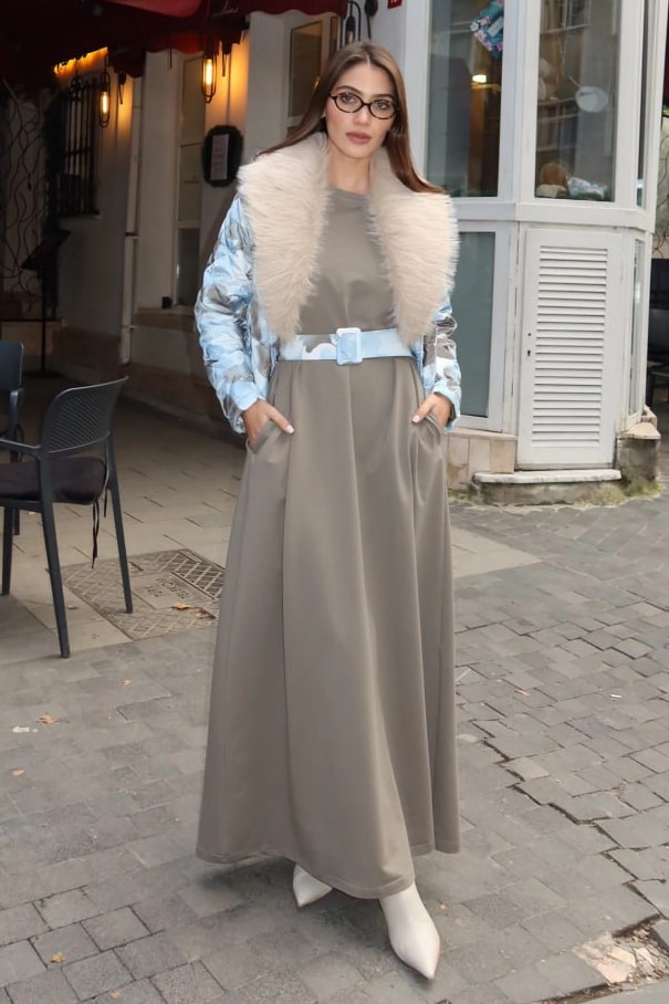 Toptan İki İplik Ve Kapitone Kumaş Kürk Detaylı İkili Elbise 