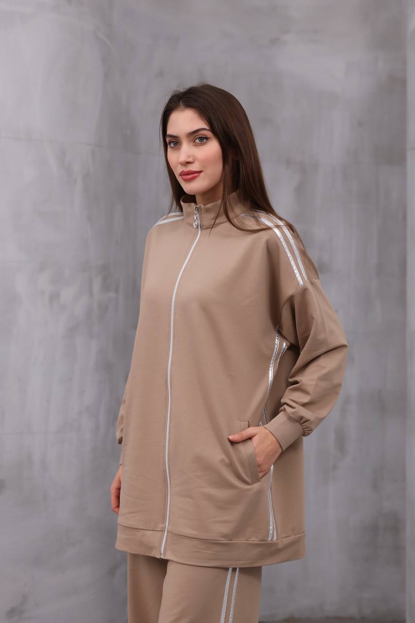 Toptan İki İplik Kumaş Fermuarlı Battal Beden İkili Takım - VİZON