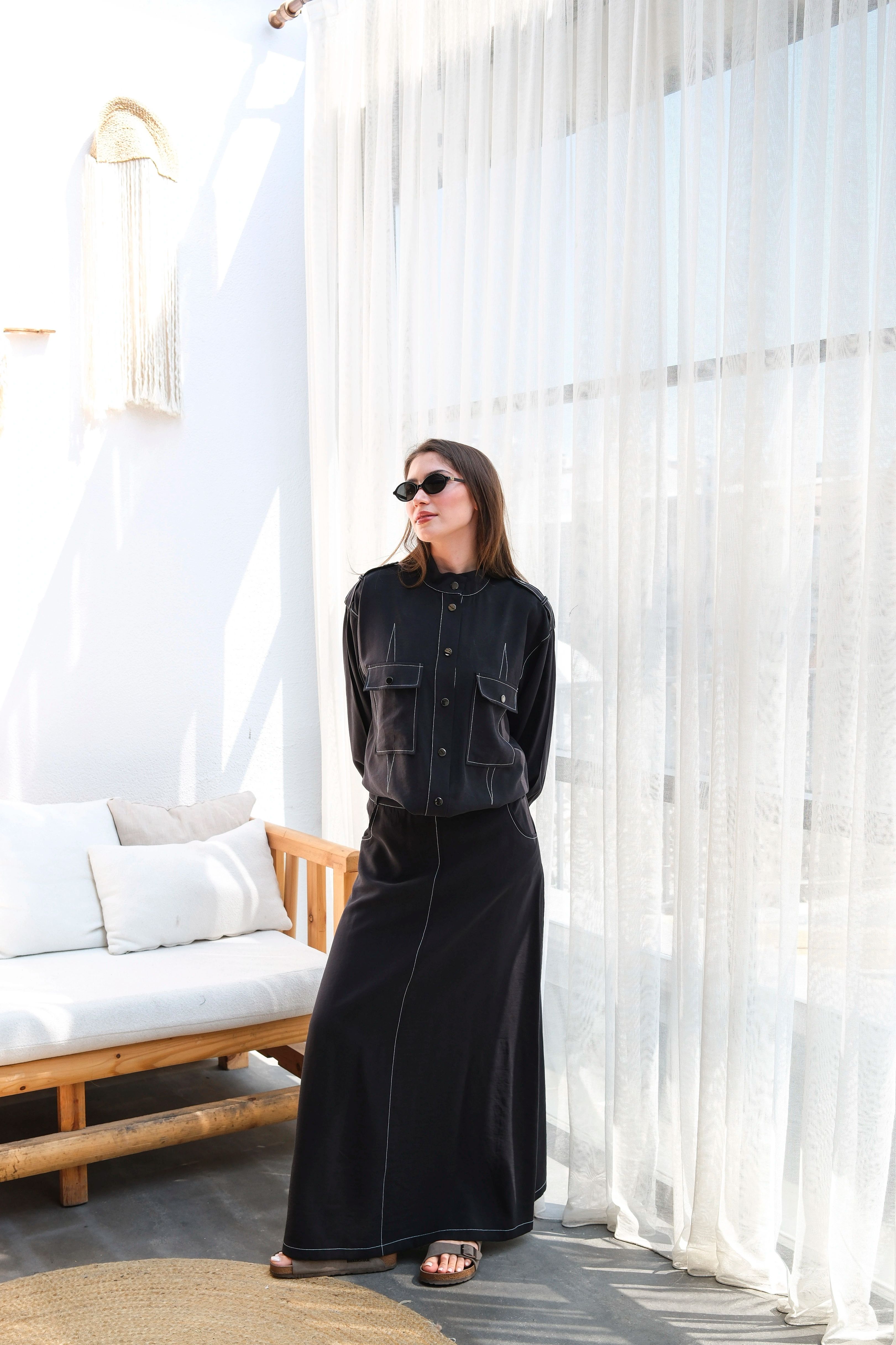 Wholesale Modal Fabric Jacket Waist Elastic Double Skirt Set - 8207 Product Information