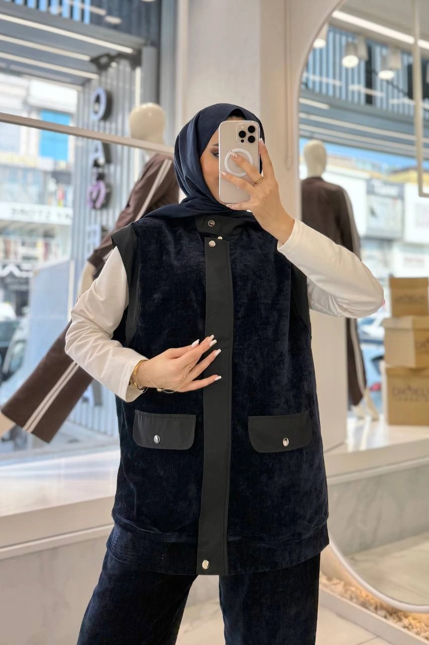 Toptan Kadife Kumaş Kapak Cep Detaylı Fermuarlı Üçlü Takım