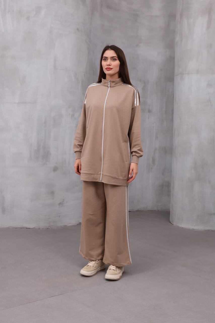 Toptan İki İplik Kumaş Fermuarlı Battal Beden İkili Takım - VİZON