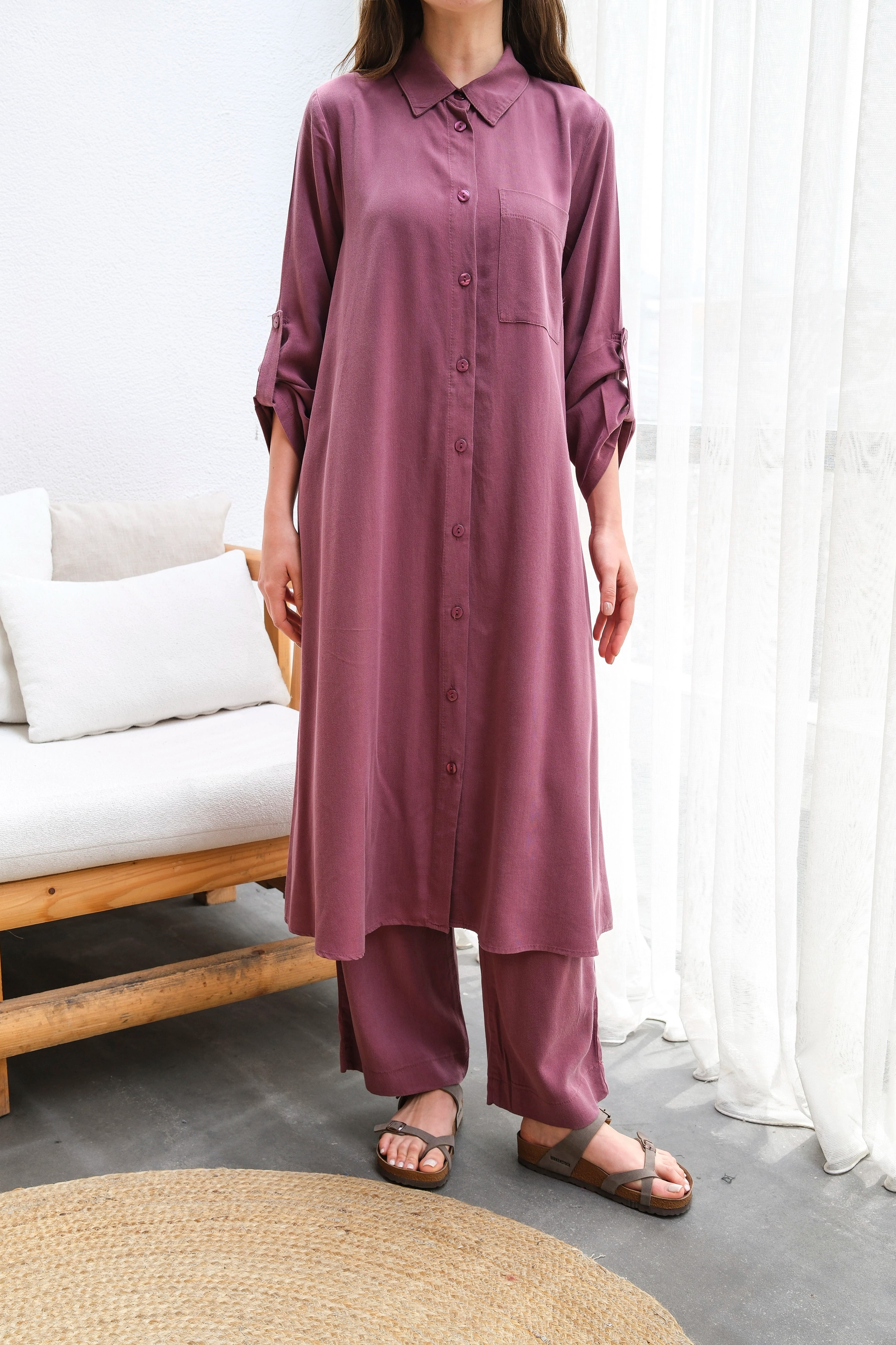 Toptan Tensel Kumaş Tuniği Uzun Düğmeli Battal Beden İkili Takım - BORDO