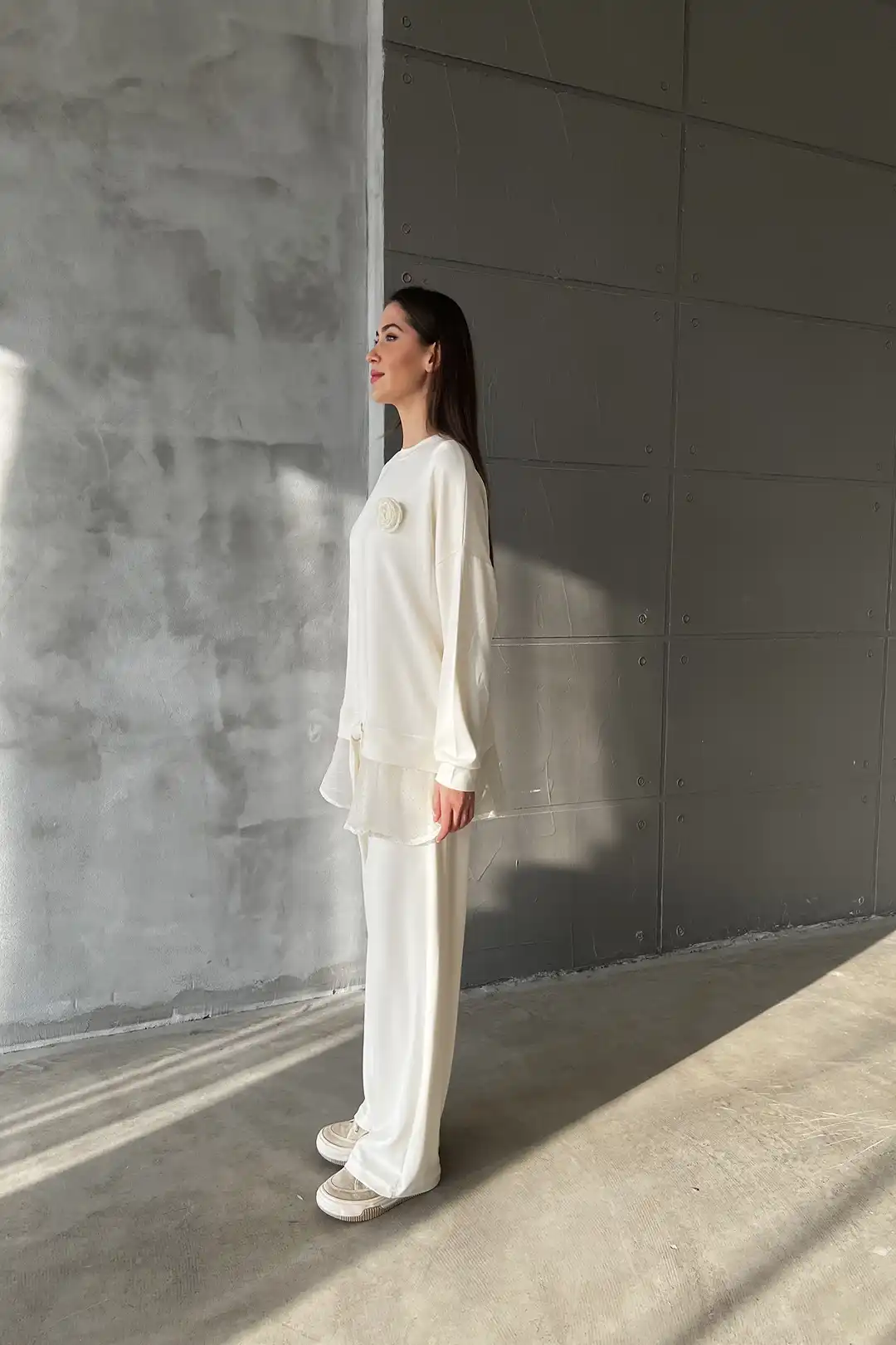 Wholesale Oysho Fabric Rose Detailed Two Piece Suit - 10592 - Ecru